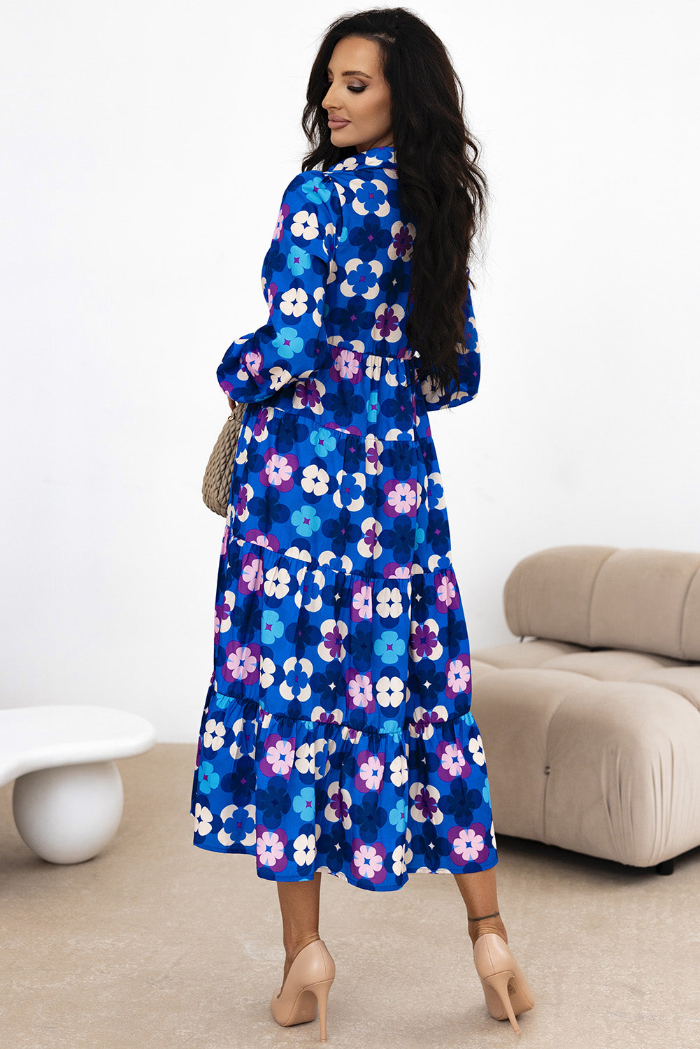 Blue Zone Planet | Blue Floral Peasant Sleeve Tiered Ruffle Midi Dress-TOPS / DRESSES-[Adult]-[Female]-2022 Online Blue Zone Planet