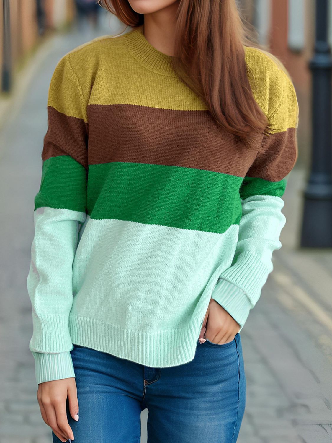 Blue Zone Planet | Color Block Round Neck Long Sleeve Sweater-TOPS / DRESSES-[Adult]-[Female]-2022 Online Blue Zone Planet