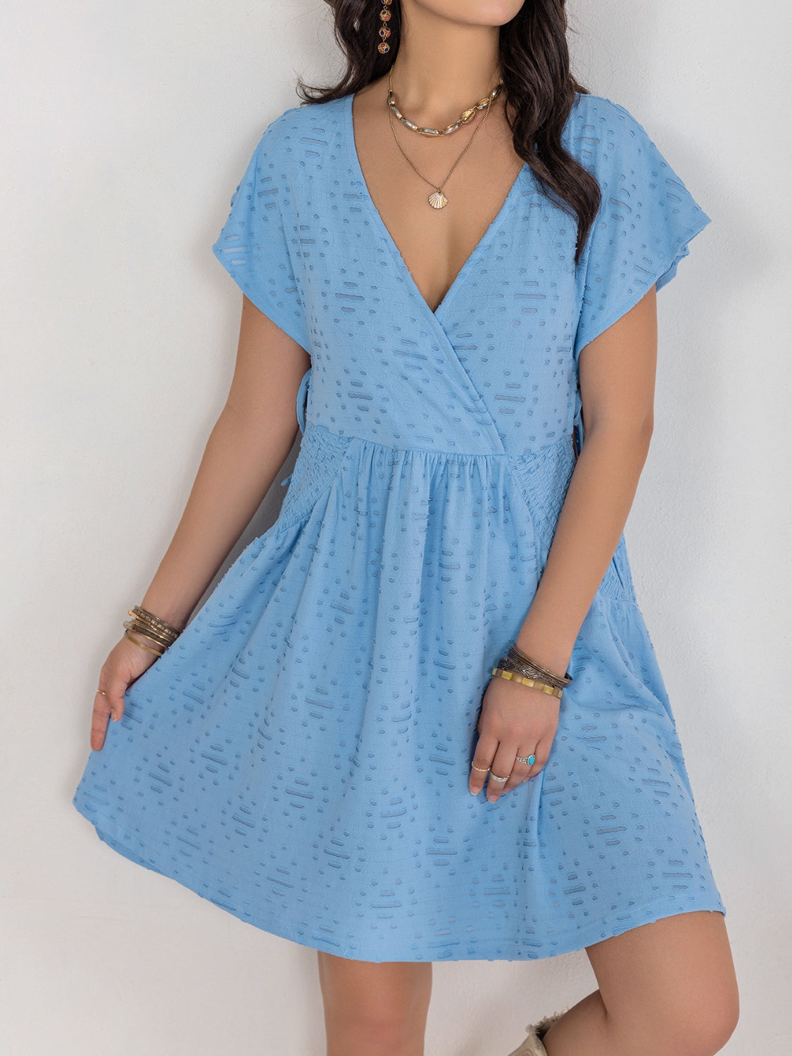 Cutout Surplice Short Sleeve Dress-TOPS / DRESSES-[Adult]-[Female]-Light Blue-S-2022 Online Blue Zone Planet