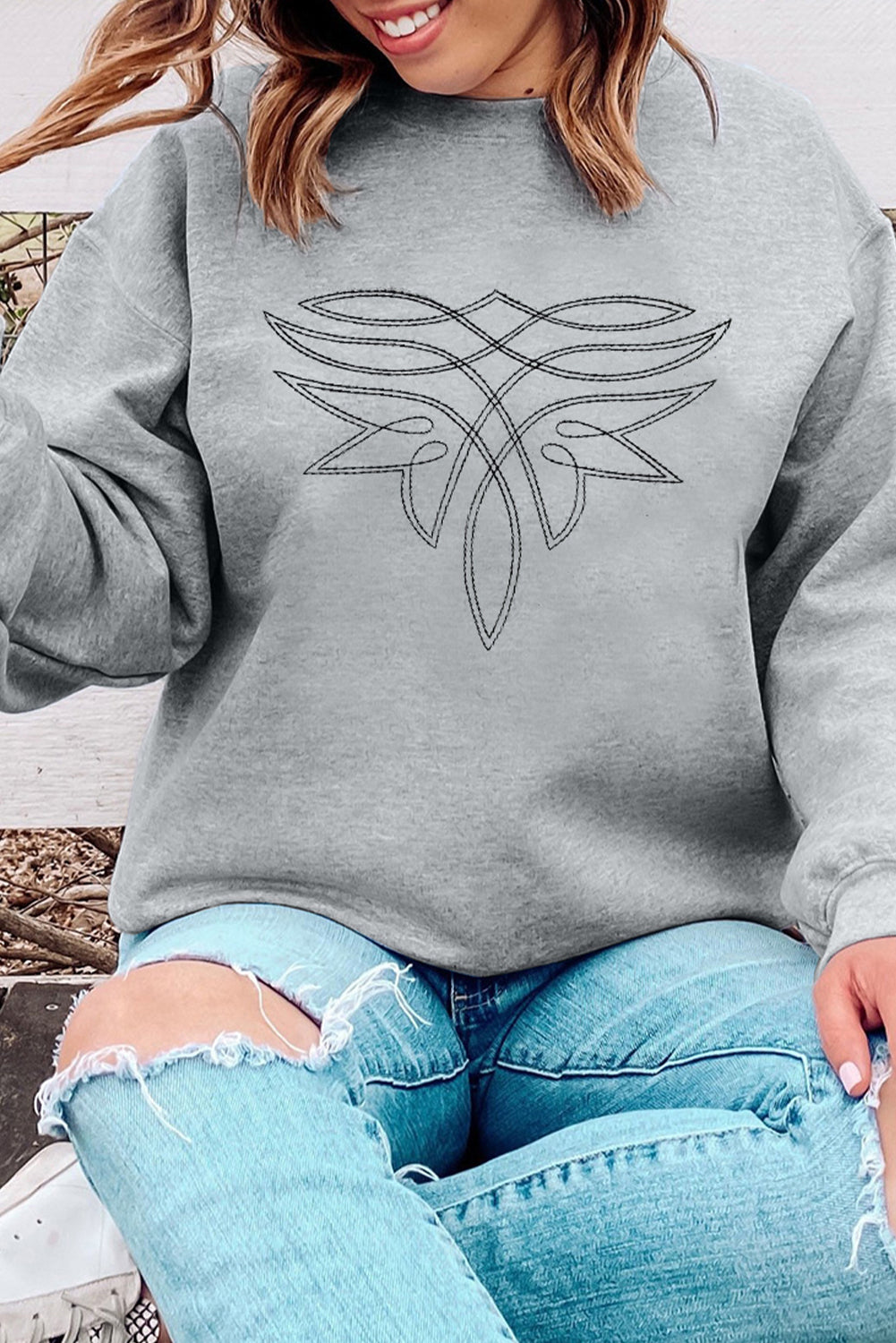 Gray Western Pattern Embroidered Drop Shoulder Pullover Top-Graphic/Graphic Sweatshirts-[Adult]-[Female]-Gray-S-2022 Online Blue Zone Planet