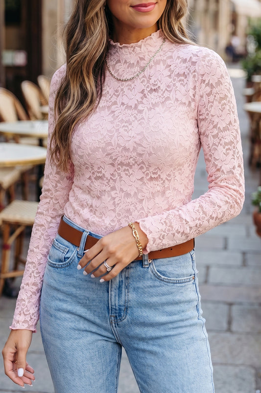 Light Pink Floral Lace Long Sleeve Stand Neck Pullover Top-Tops/Long Sleeve Tops-[Adult]-[Female]-Light Pink-S-2022 Online Blue Zone Planet