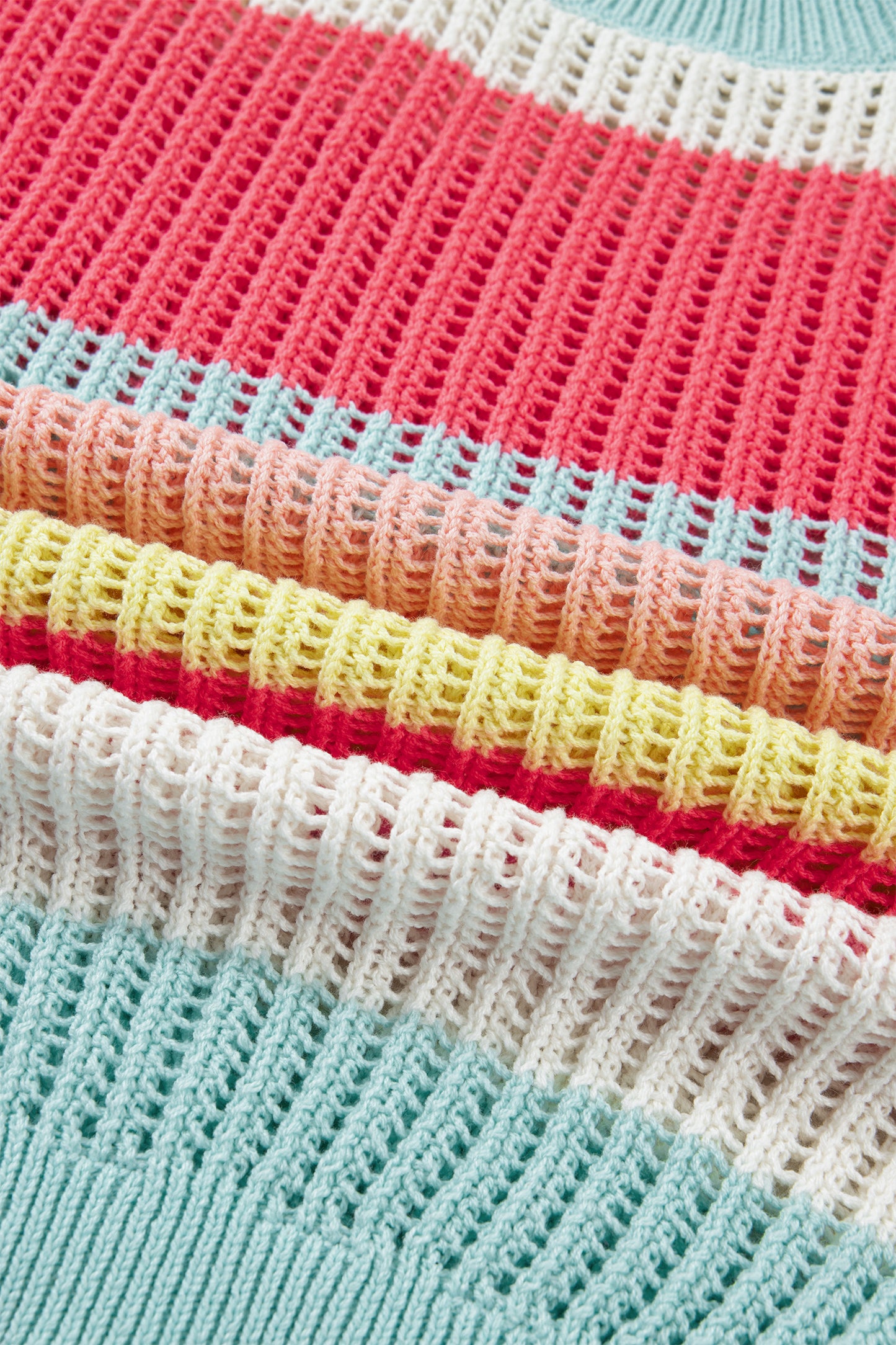 Green Stripe Color Block Hollow Out Knit Short Sleeve Sweater-TOPS / DRESSES-[Adult]-[Female]-2022 Online Blue Zone Planet