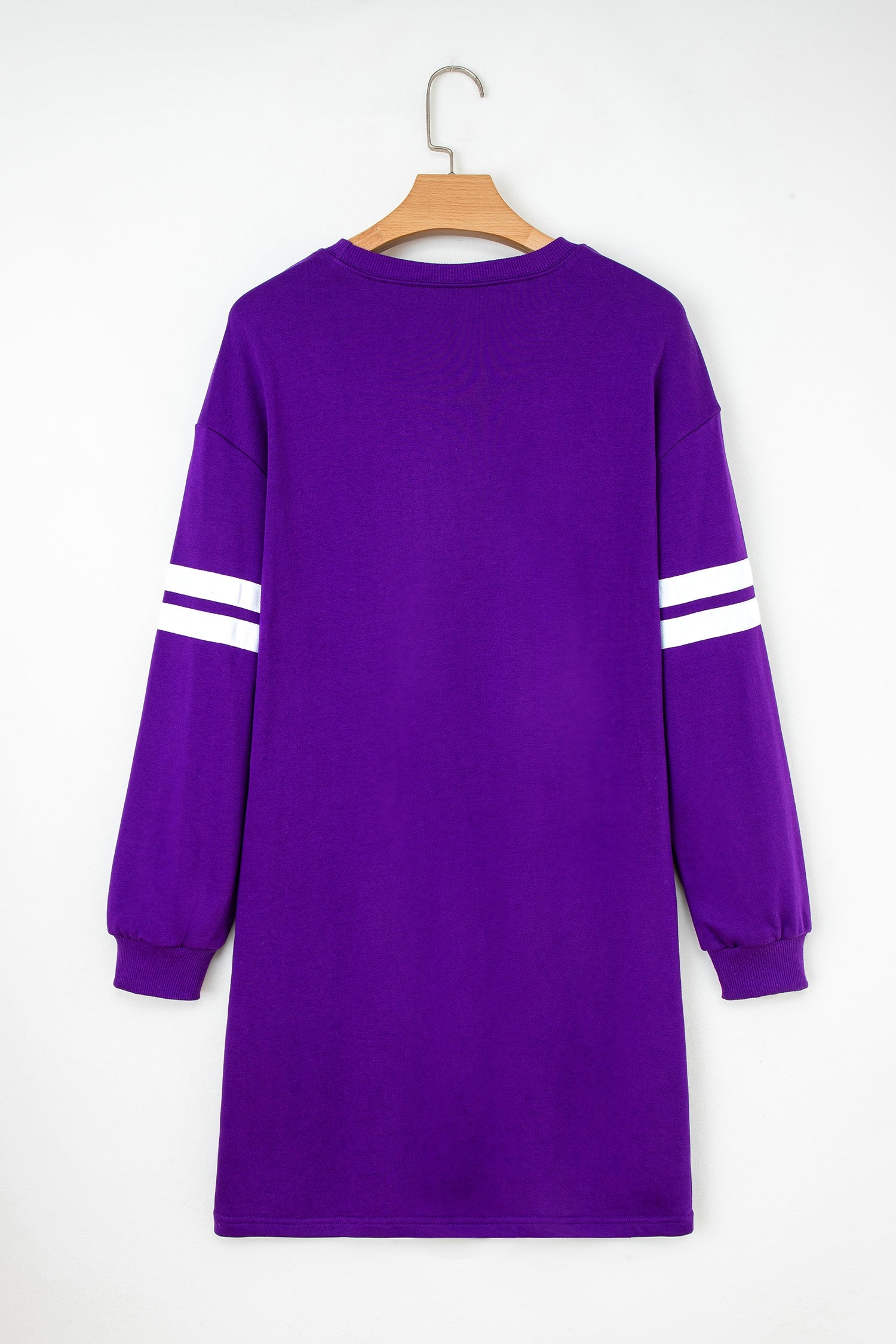 Tillandsia Purple Varsity Contrast Banded Sleeve Shift Sweatshirt Dress-TOPS / DRESSES-[Adult]-[Female]-2022 Online Blue Zone Planet