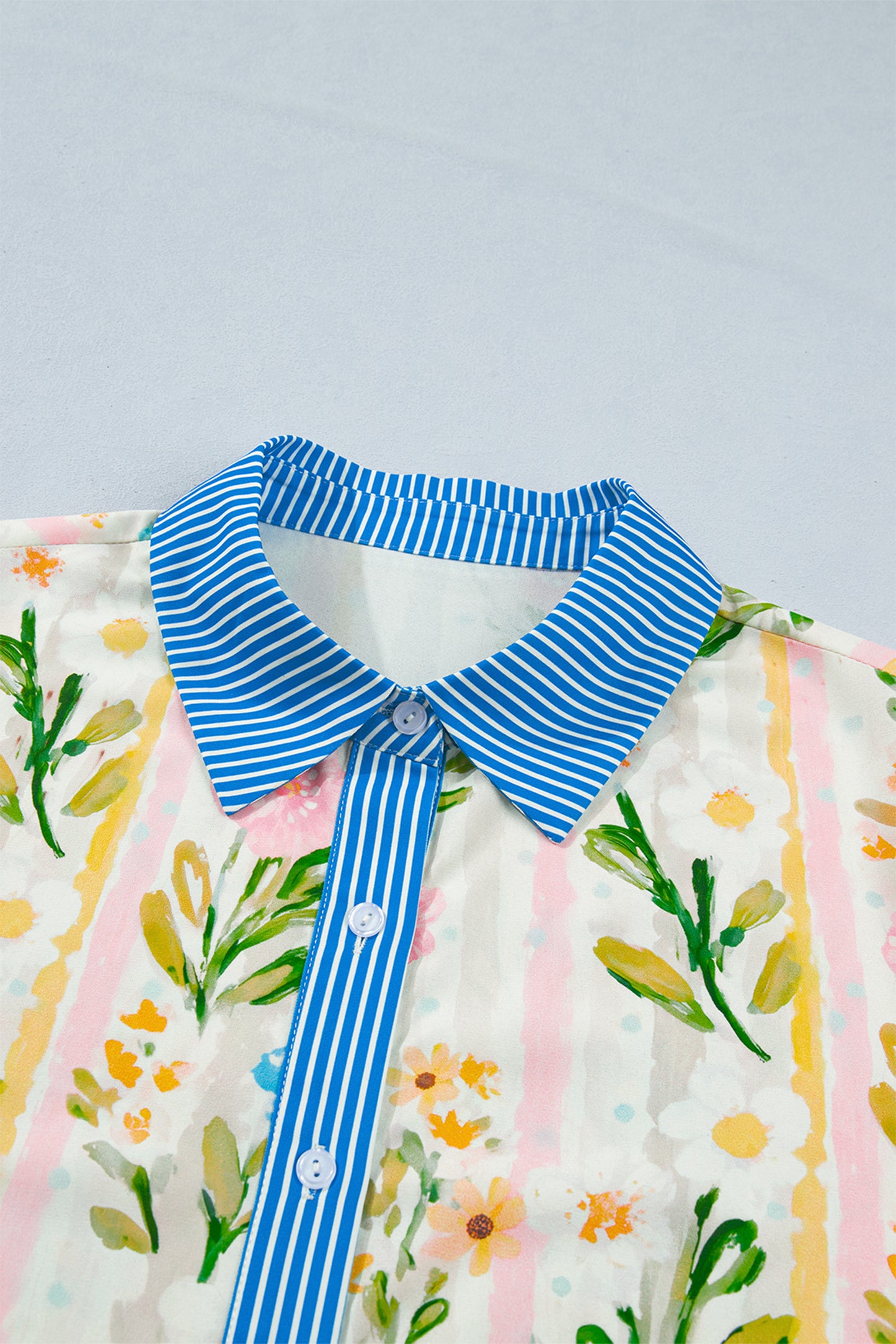 Multicolour Floral Print Striped Trim Button Down Shift Dress-Dresses/Mini Dresses-[Adult]-[Female]-2022 Online Blue Zone Planet