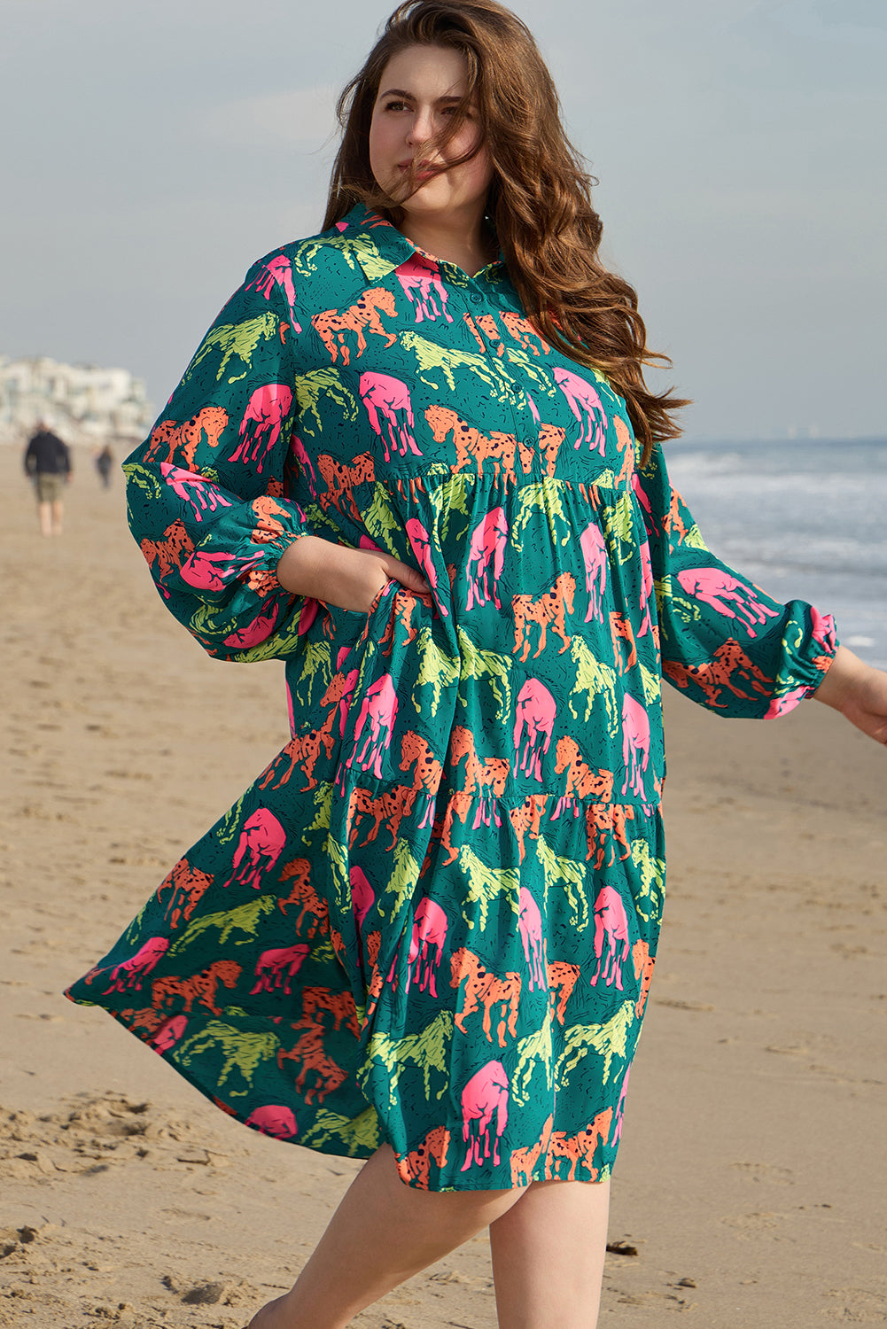 Blue Zone Planet | Green Horse Printed Long Sleeve Collared Buttoned Plus Size Midi Dress-TOPS / DRESSES-[Adult]-[Female]-2022 Online Blue Zone Planet