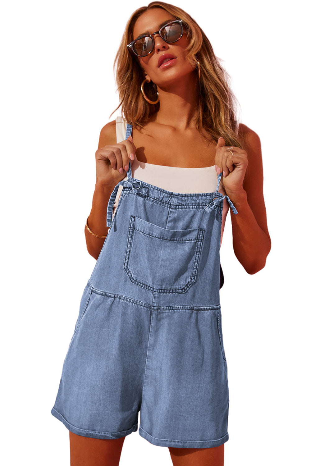 Light Blue Grommet Tie Straps Denim Romper Blue Zone Planet