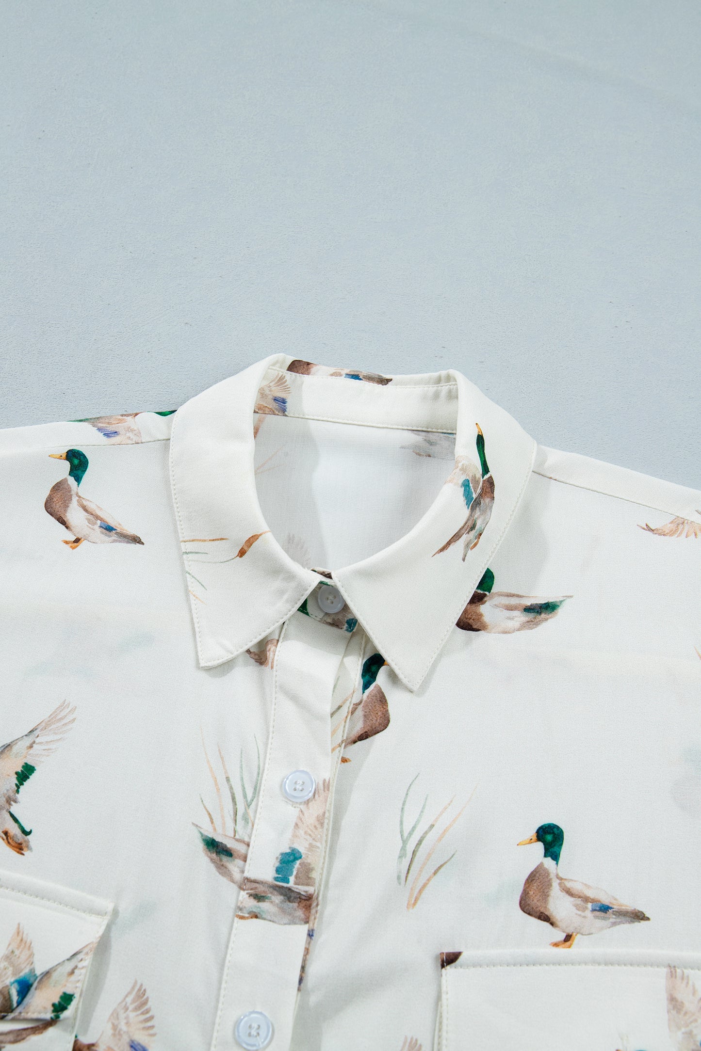 White Mallard Printed Button Flap Pocket Short Sleeve Shirt-Tops/Blouses & Shirts-[Adult]-[Female]-2022 Online Blue Zone Planet