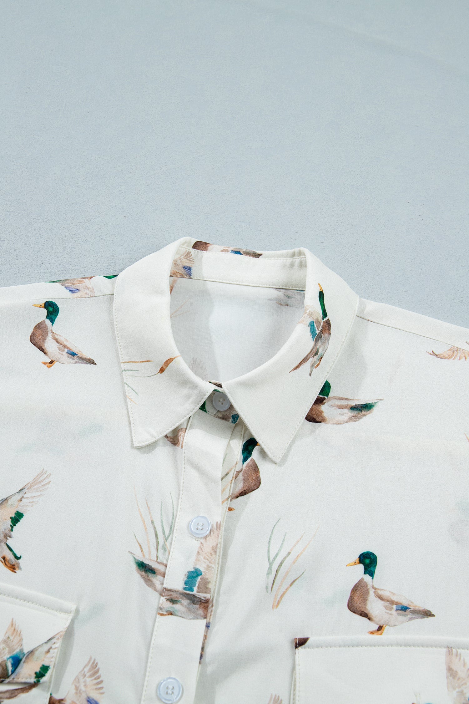 White Mallard Printed Button Flap Pocket Short Sleeve Shirt-Tops/Blouses & Shirts-[Adult]-[Female]-2022 Online Blue Zone Planet