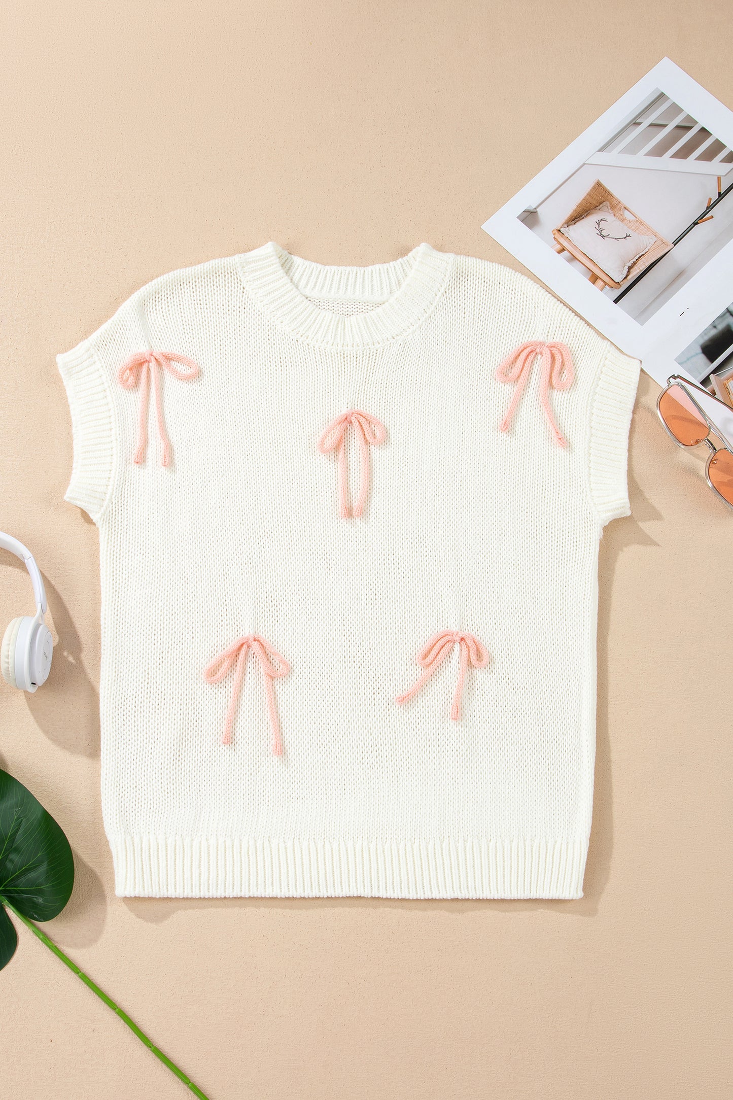 White Short Sleeve Knit Contrast Bow Knot Loose Sweater-TOPS / DRESSES-[Adult]-[Female]-2022 Online Blue Zone Planet