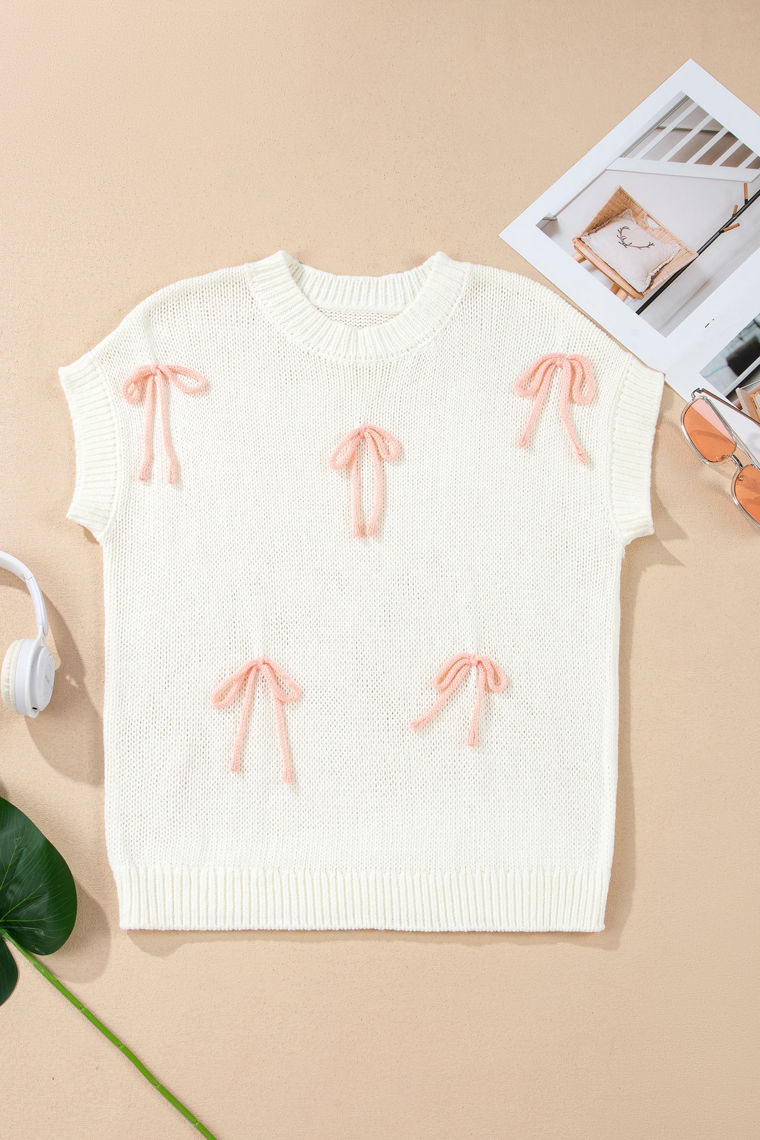 White Short Sleeve Knit Contrast Bow Knot Loose Sweater-TOPS / DRESSES-[Adult]-[Female]-2022 Online Blue Zone Planet