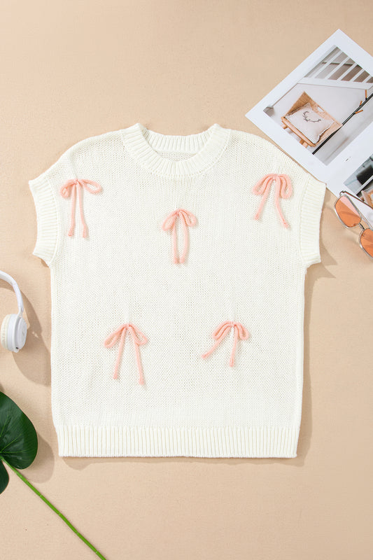 White Short Sleeve Knit Contrast Bow Knot Loose Sweater-TOPS / DRESSES-[Adult]-[Female]-2022 Online Blue Zone Planet