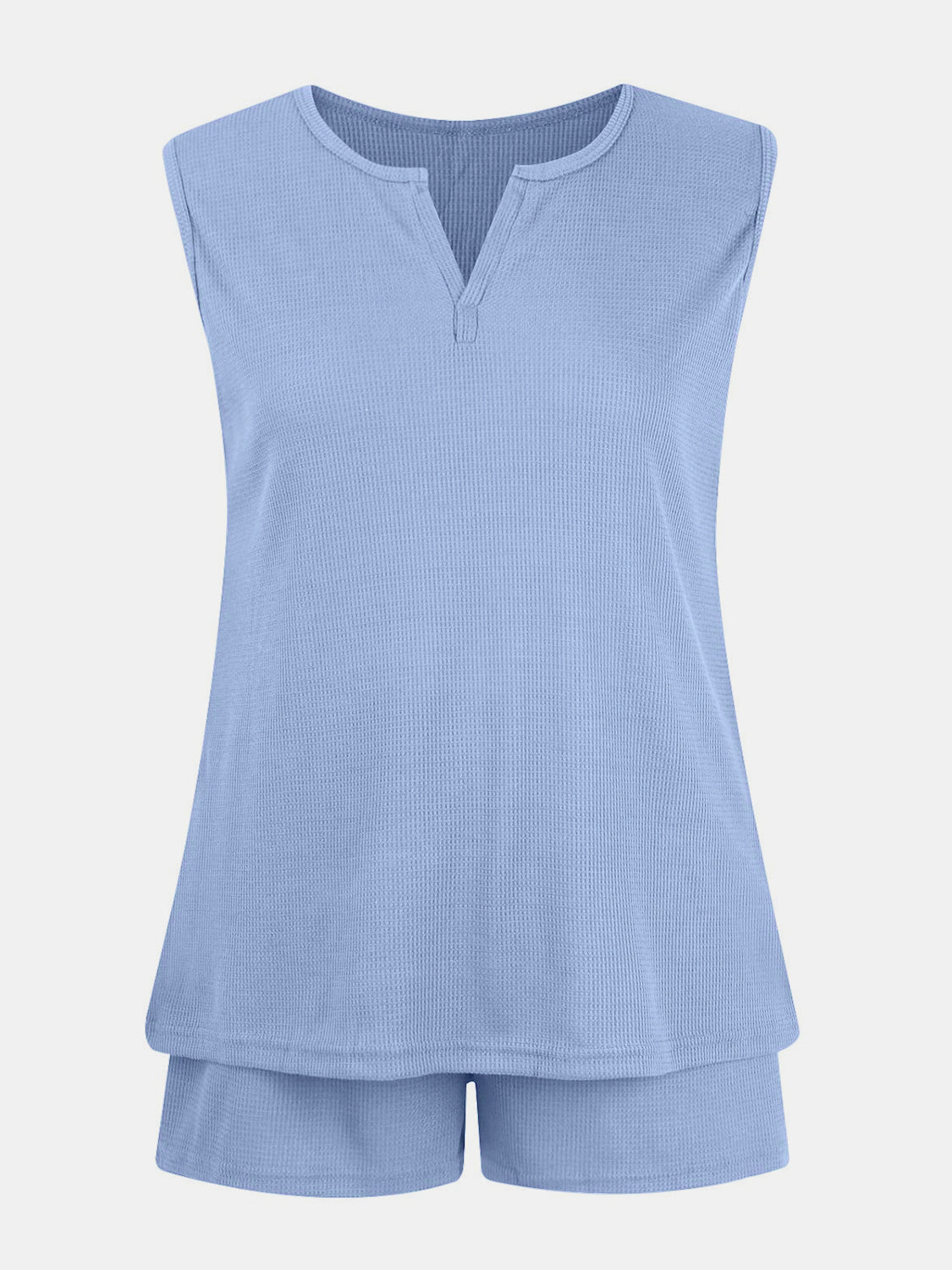 Full Size Waffle-Knit Notched Top and Shorts Set-TOPS / DRESSES-[Adult]-[Female]-Light Blue-S-2022 Online Blue Zone Planet