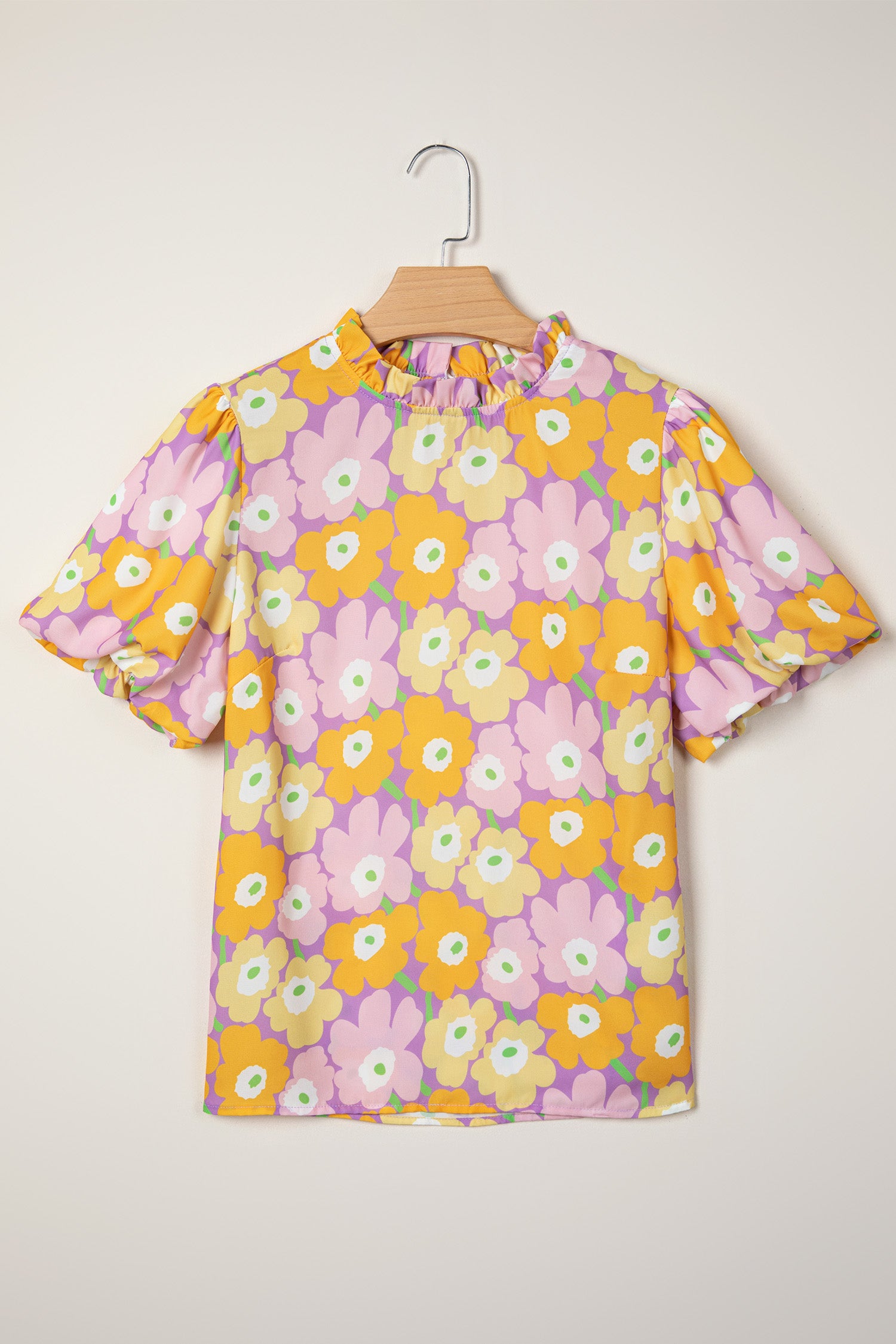 Purple Frilled Neck Puff Short Sleeve Flower Top-Tops/Blouses & Shirts-[Adult]-[Female]-2022 Online Blue Zone Planet