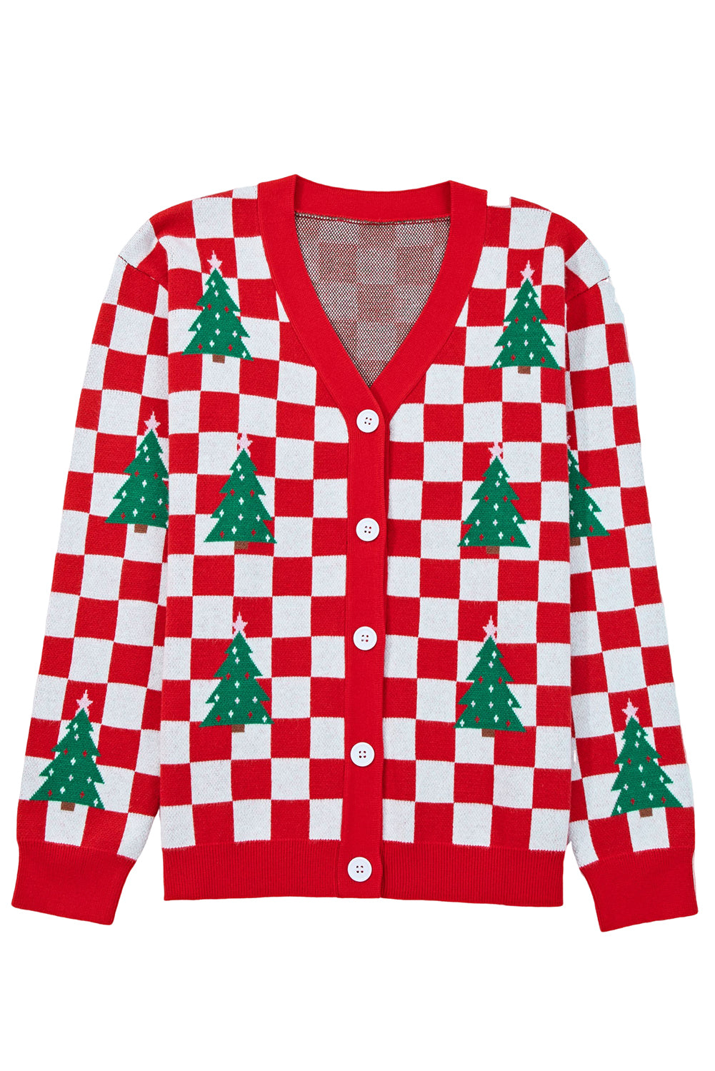 Pink Checkered Christmas Tree Pattern Button V Neck Cardigan Sweater-TOPS / DRESSES-[Adult]-[Female]-2022 Online Blue Zone Planet
