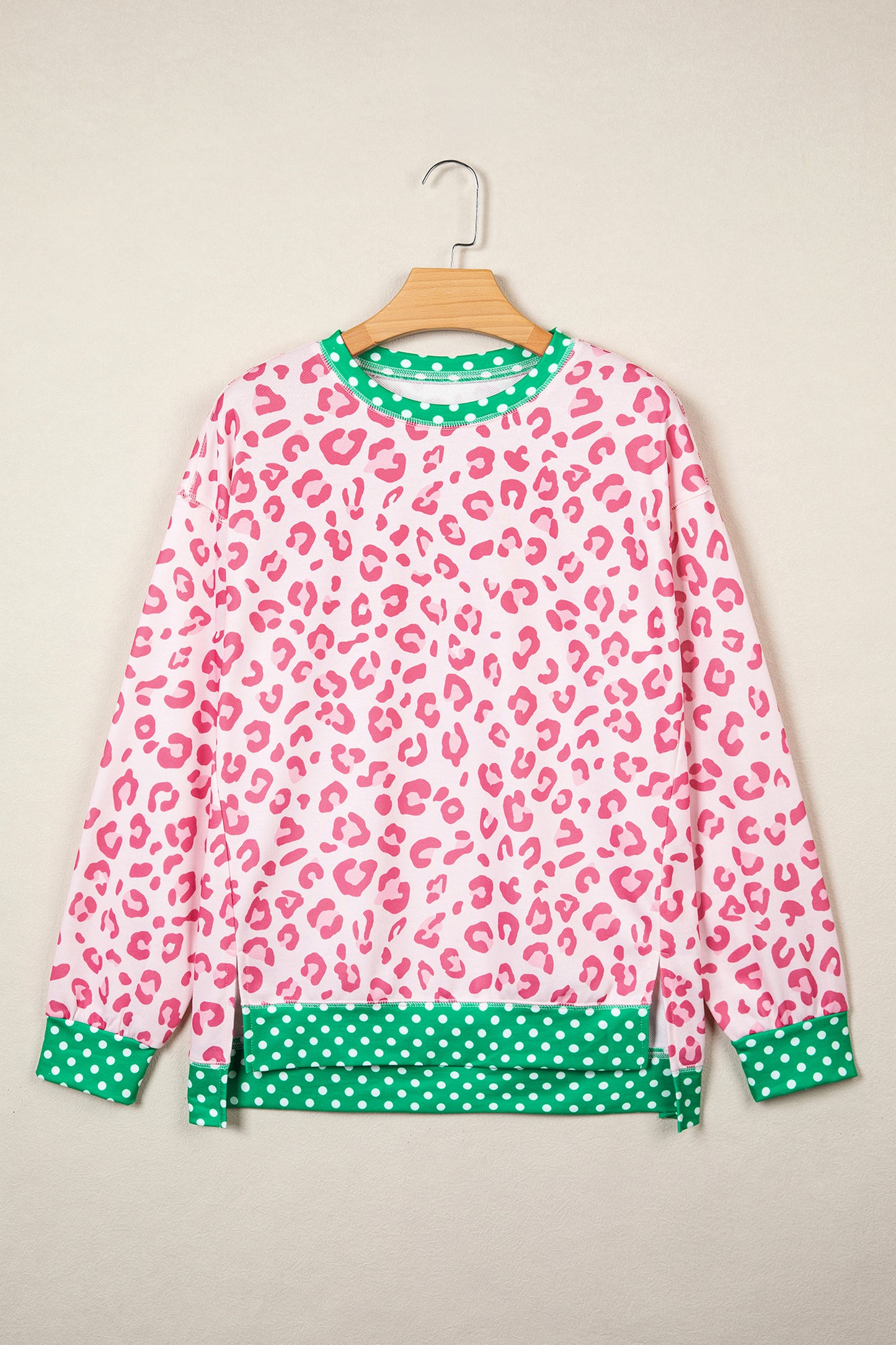Pink Leopard Polka Dot Colorblock Trim Long Sleeve Top-Tops/Long Sleeve Tops-[Adult]-[Female]-2022 Online Blue Zone Planet