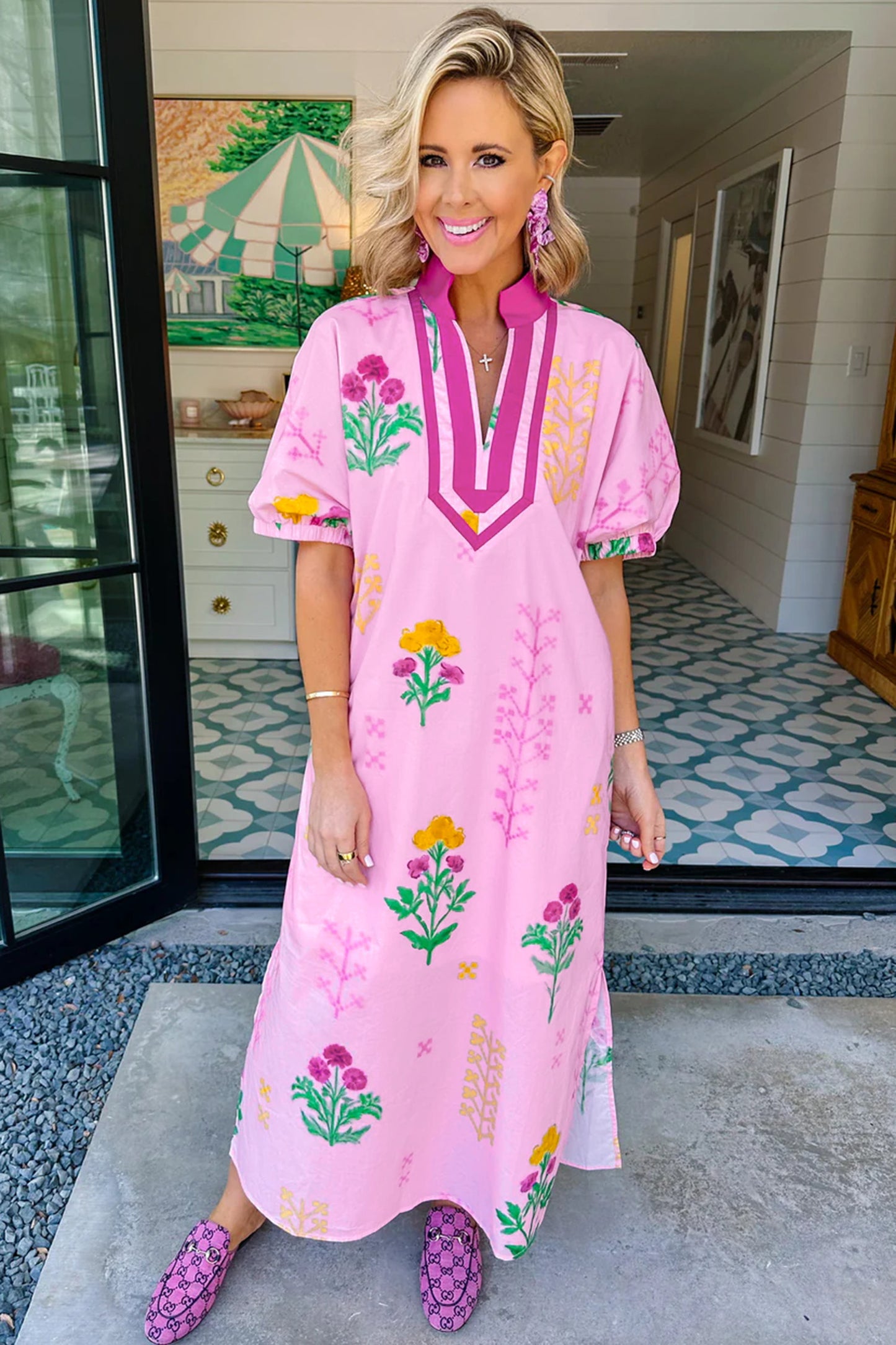 Pink Floral Print Short Sleeve Colorblcok Trim V Neck Midi Dress-Dresses/Floral Dresses-[Adult]-[Female]-2022 Online Blue Zone Planet