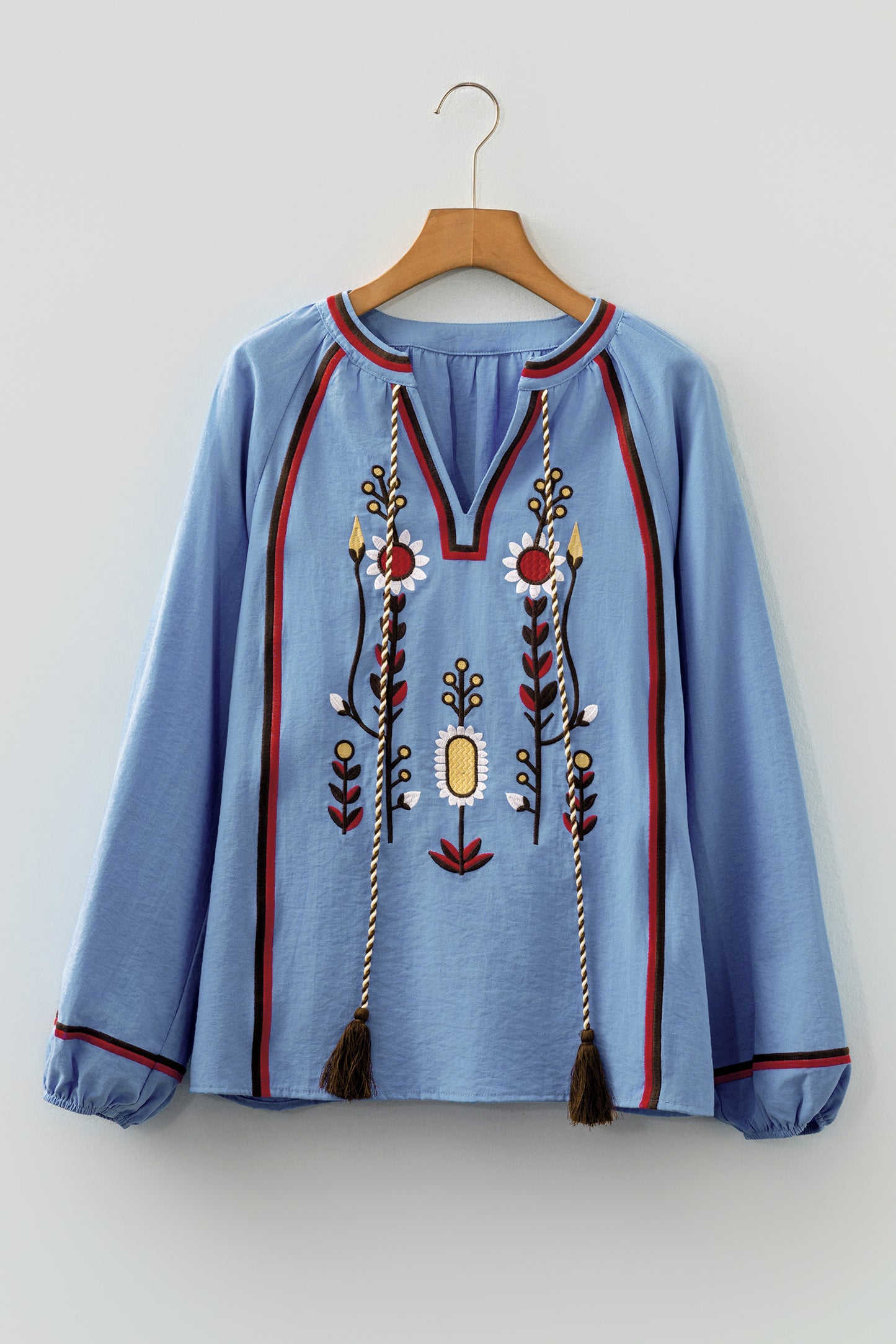 Real Teal Floral Embroidered Split Neck Tassel Tie Puff Sleeve Blouse-Tops/Blouses & Shirts-[Adult]-[Female]-2022 Online Blue Zone Planet