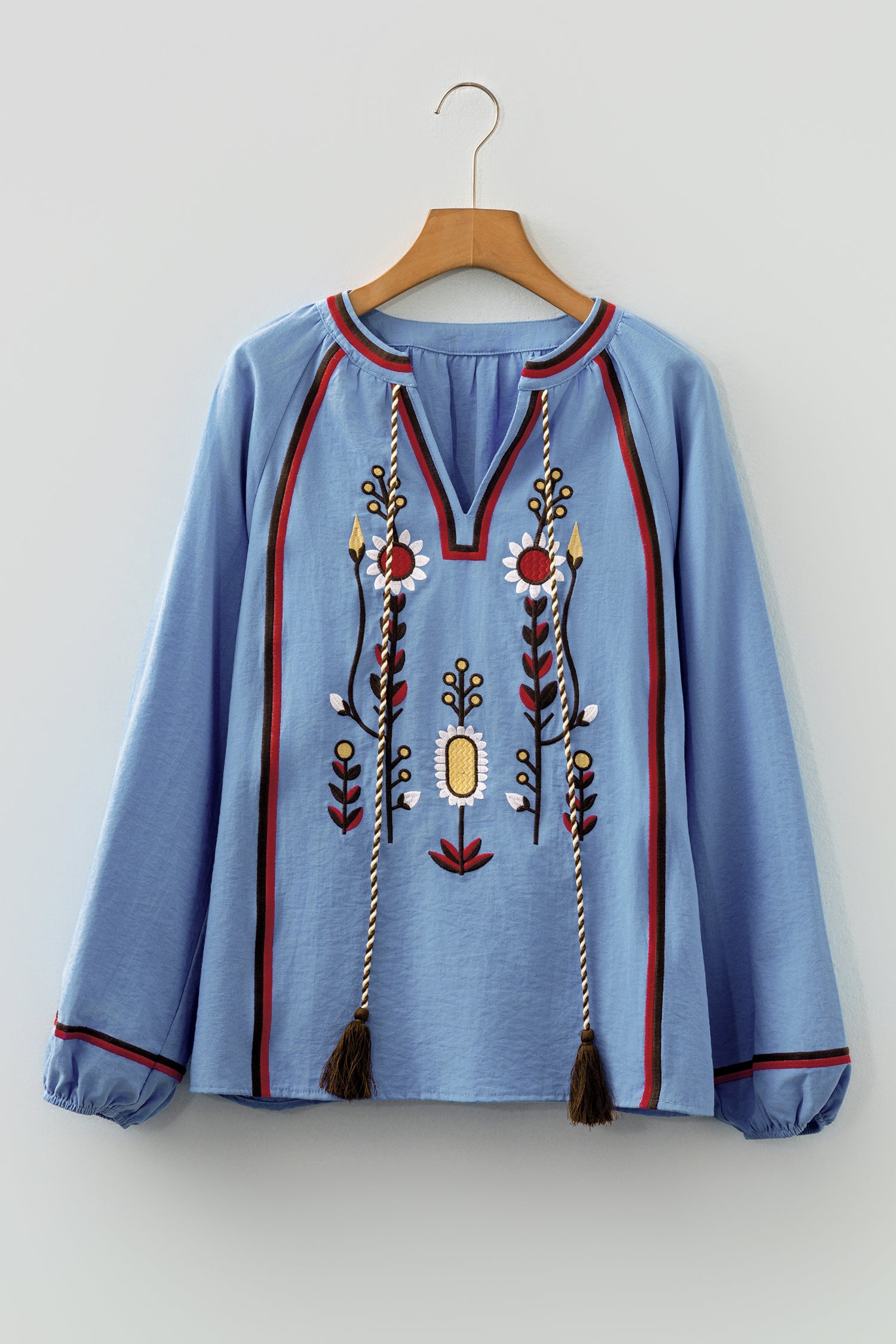 Real Teal Floral Embroidered Split Neck Tassel Tie Puff Sleeve Blouse-Tops/Blouses & Shirts-[Adult]-[Female]-2022 Online Blue Zone Planet