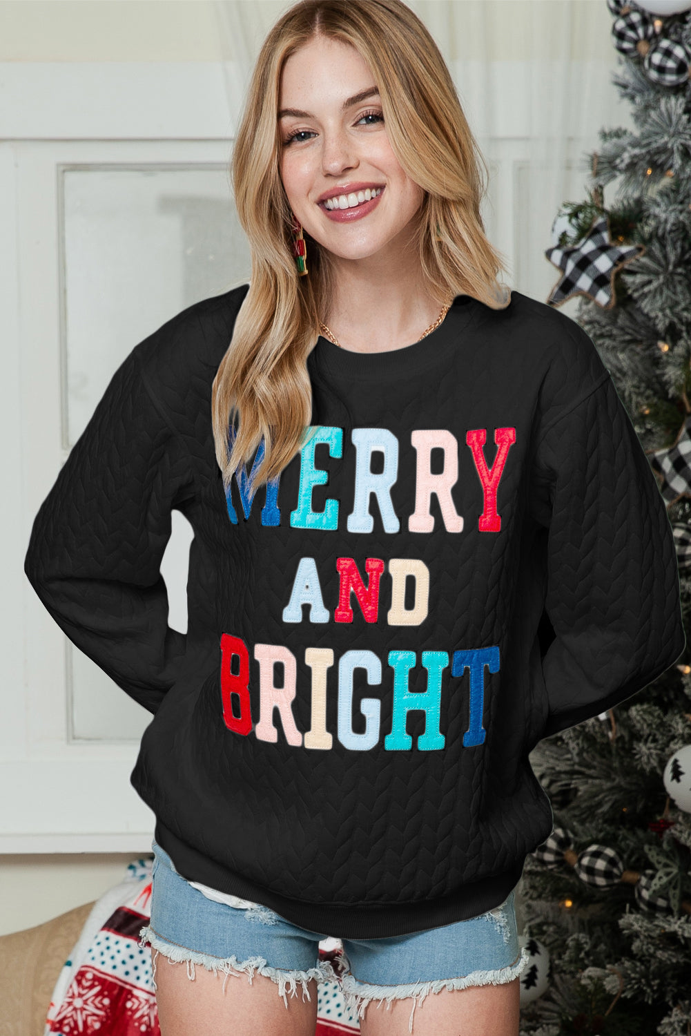 White Merry and Bright Quilted Sweatshirt-Sweatshirts & Hoodies-[Adult]-[Female]-2022 Online Blue Zone Planet