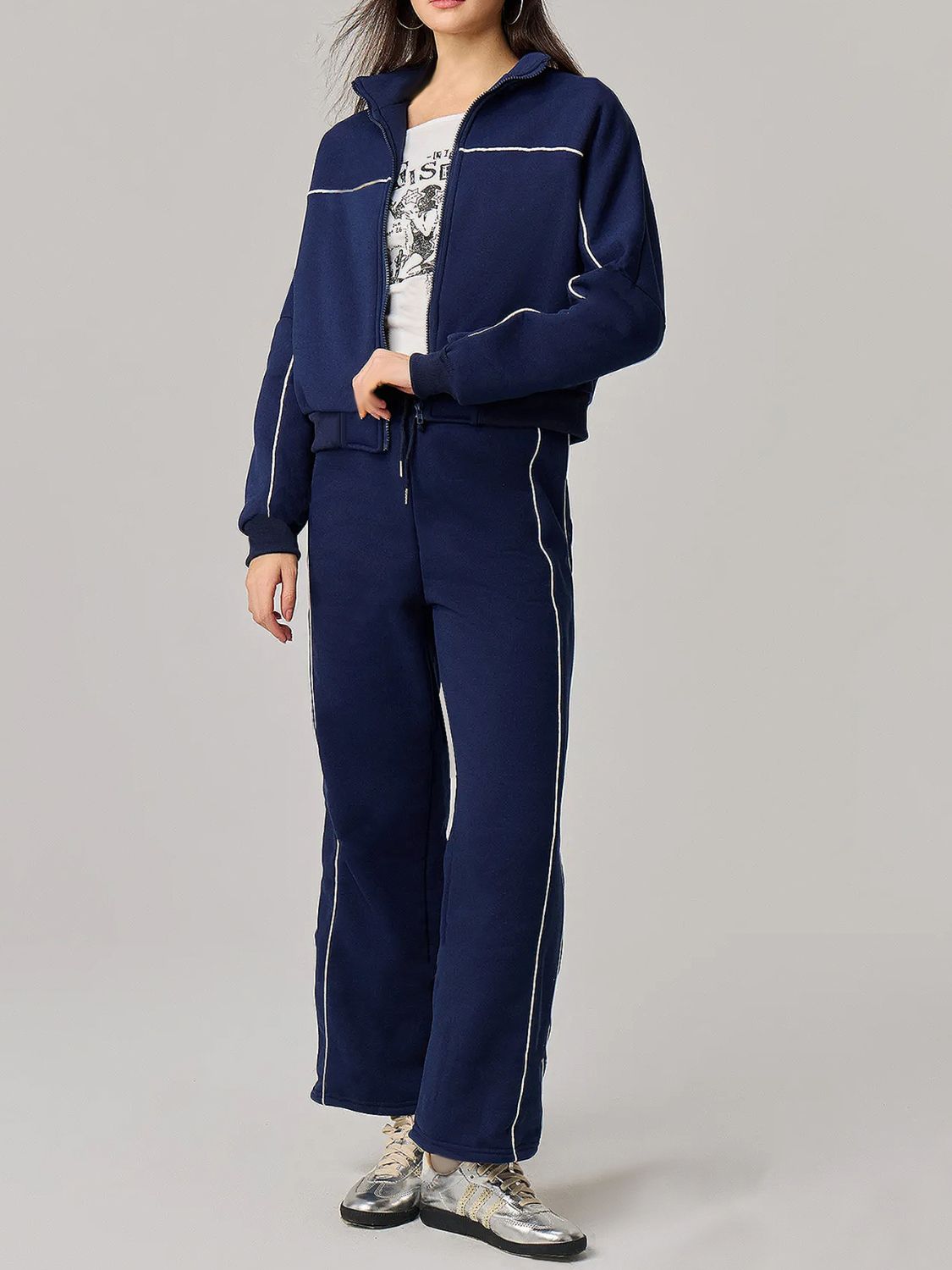 Blue Zone Planet | Zip Up Long Sleeve Top and Drawstring Pants Set-BOTTOMS SIZES SMALL MEDIUM LARGE-[Adult]-[Female]-Navy-S-2022 Online Blue Zone Planet