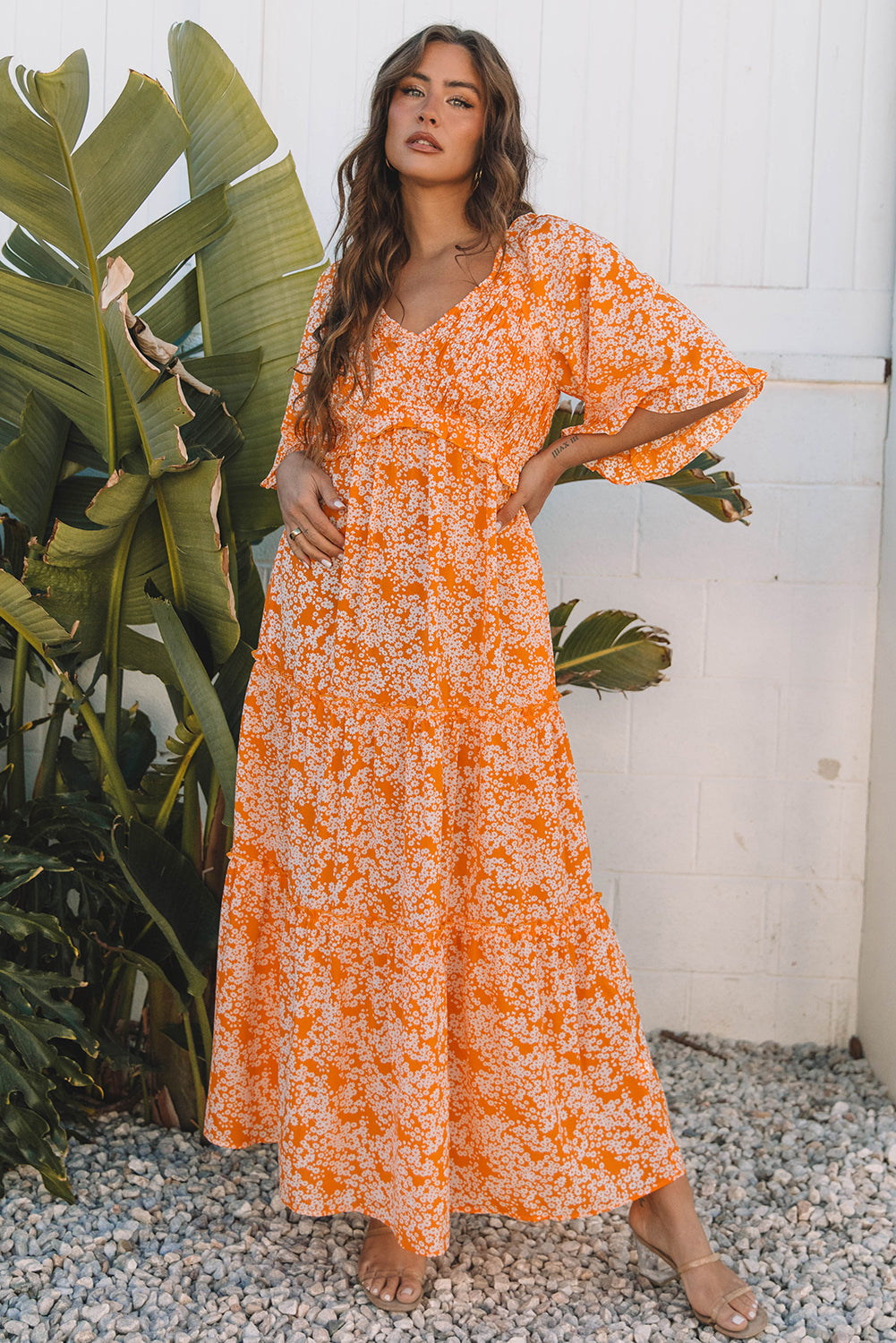 Orange Floral Print Smocked V Neck Wide Sleeve Maxi Dress-Dresses/Floral Dresses-[Adult]-[Female]-2022 Online Blue Zone Planet
