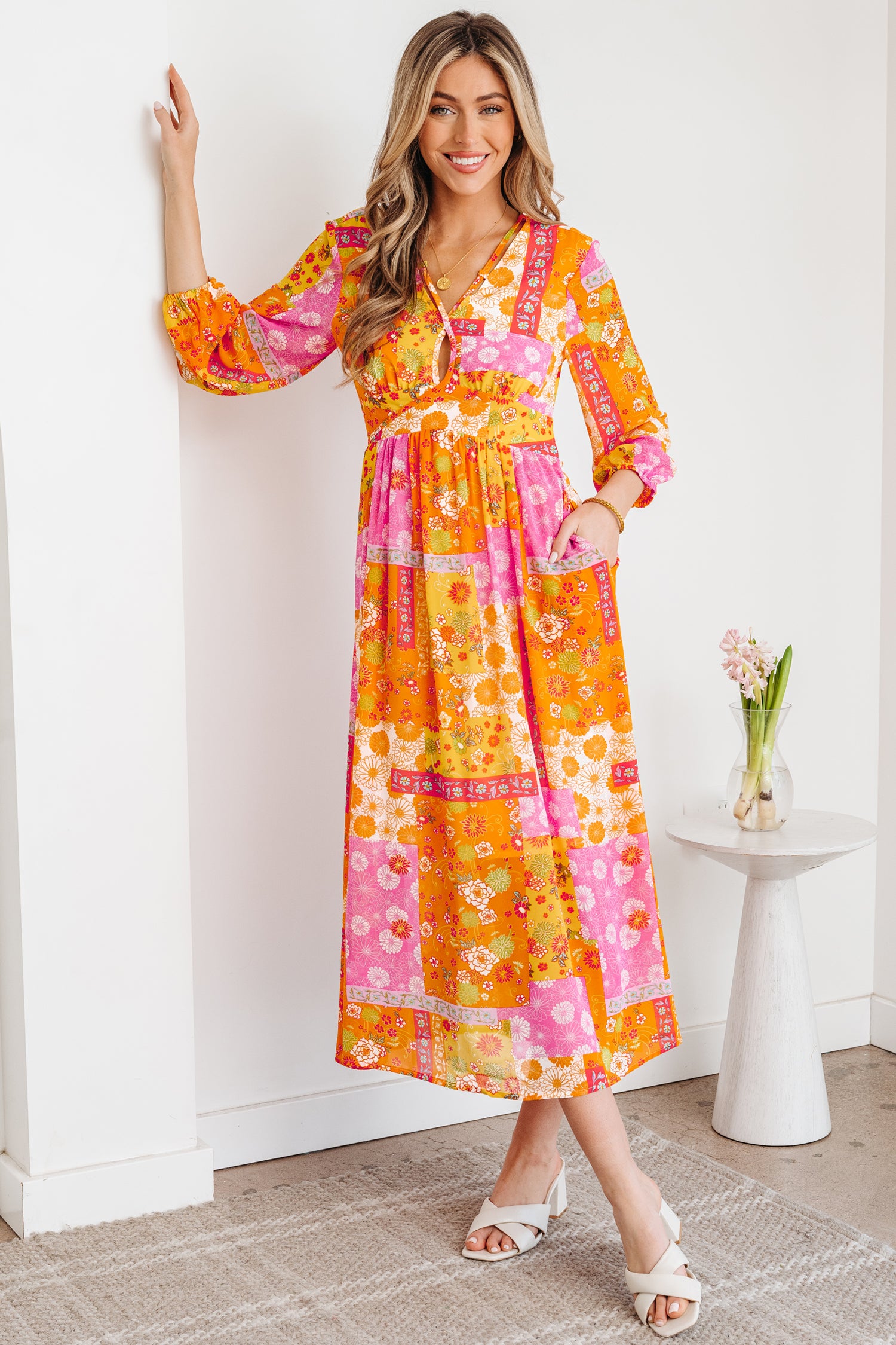 Orange Floral Patchwork Print Cut out Tied Back Bracelet Sleeve Maxi Dress-Bracelet-[Adult]-[Female]-2022 Online Blue Zone Planet