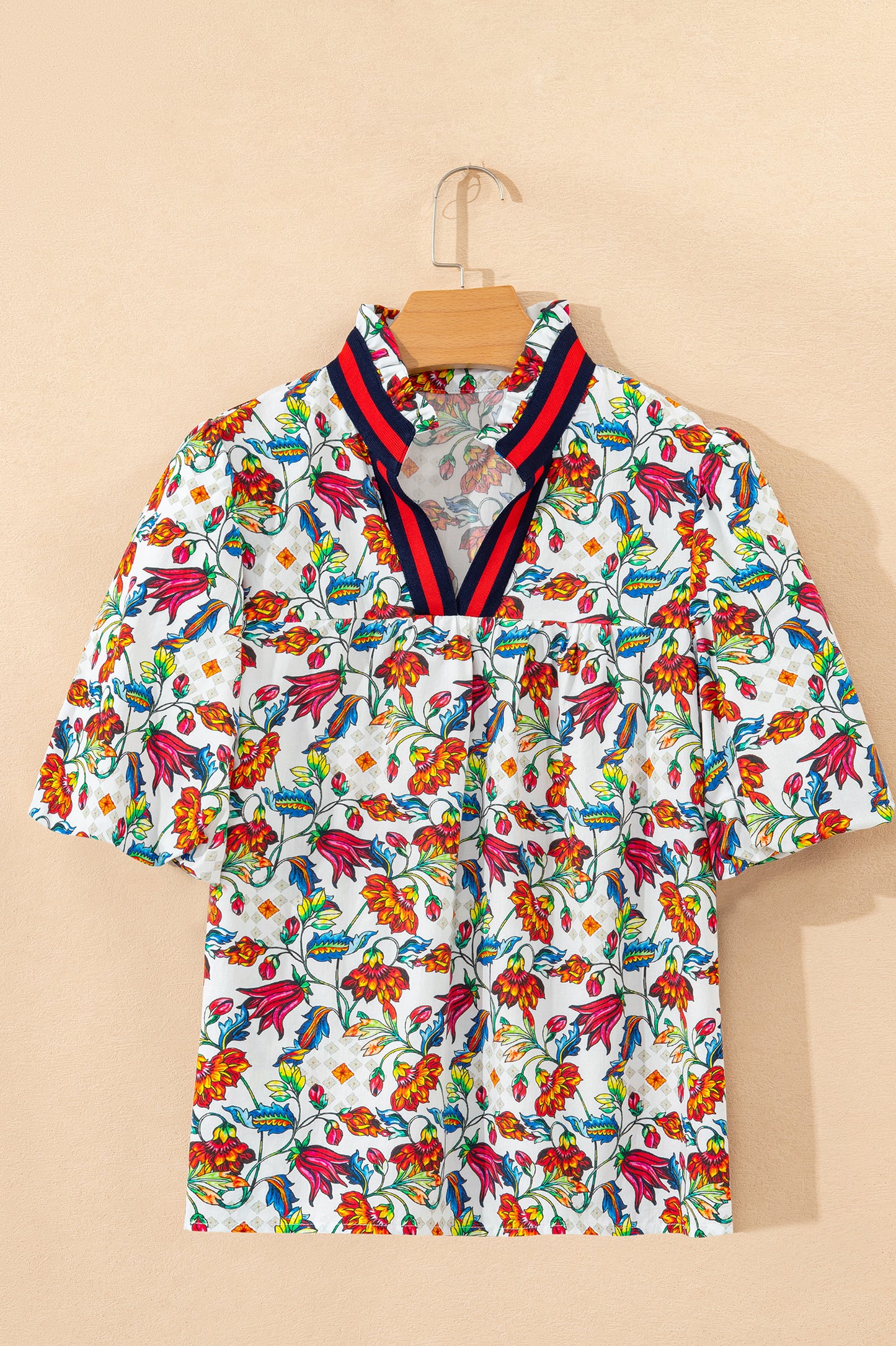 Multicolour Contrasted V Neckline Floral Puff Short Sleeve Blouse-Tops/Blouses & Shirts-[Adult]-[Female]-2022 Online Blue Zone Planet
