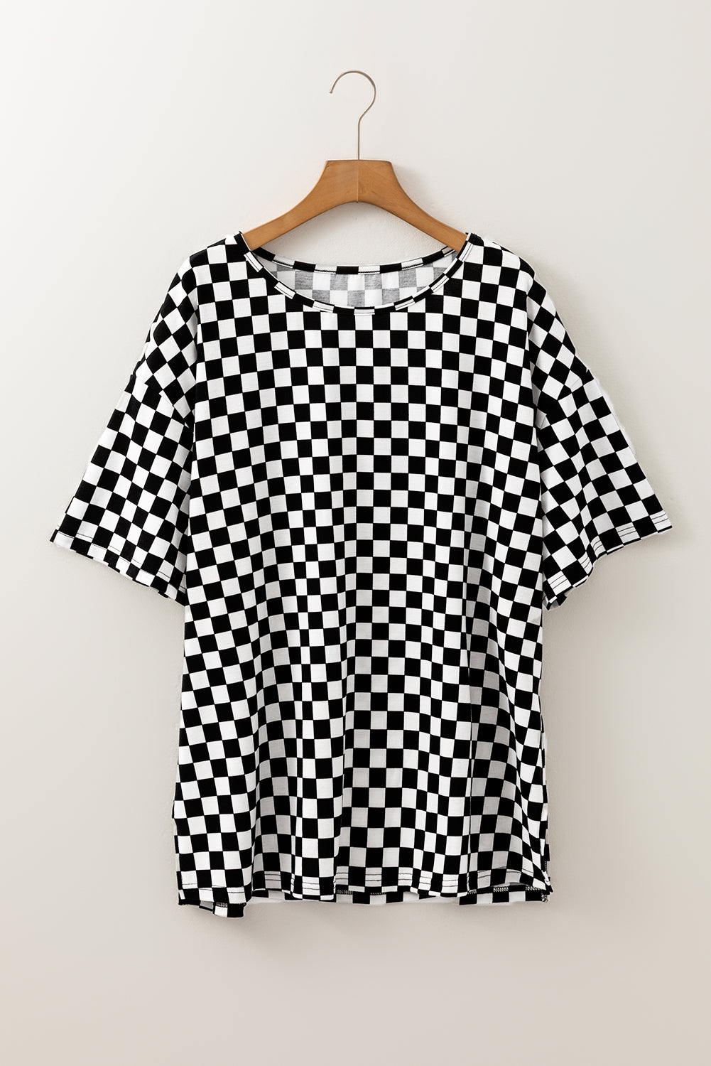 Black Checkered Print Side Slits O Neck Plus Size T Shirt-Plus Size/Plus Size Tops/Plus Size Tops & Tees-[Adult]-[Female]-2022 Online Blue Zone Planet