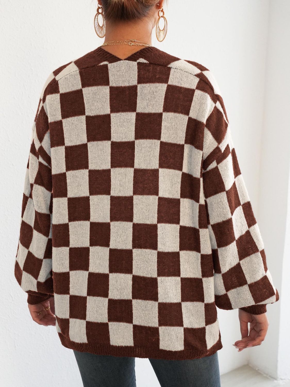 Checkered Open Front Long Sleeve Cardigan-TOPS / DRESSES-[Adult]-[Female]-2022 Online Blue Zone Planet