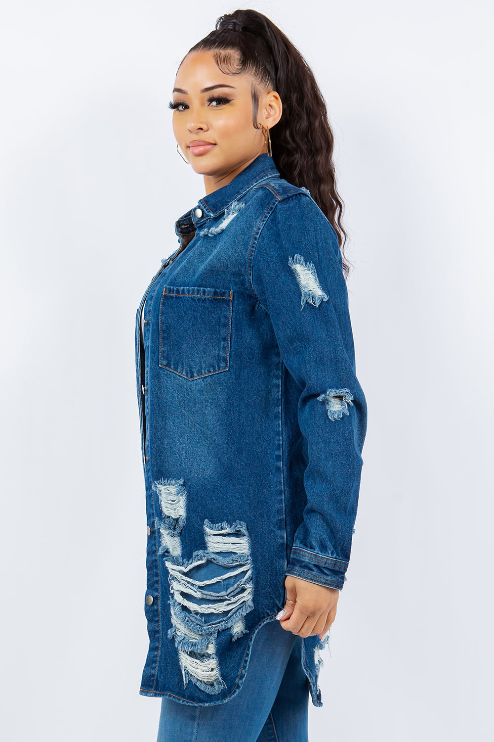 Blue Zone Planet | American Bazi Distressed Button Up Long Sleeve Denim Jacket-TOPS / DRESSES-[Adult]-[Female]-2022 Online Blue Zone Planet