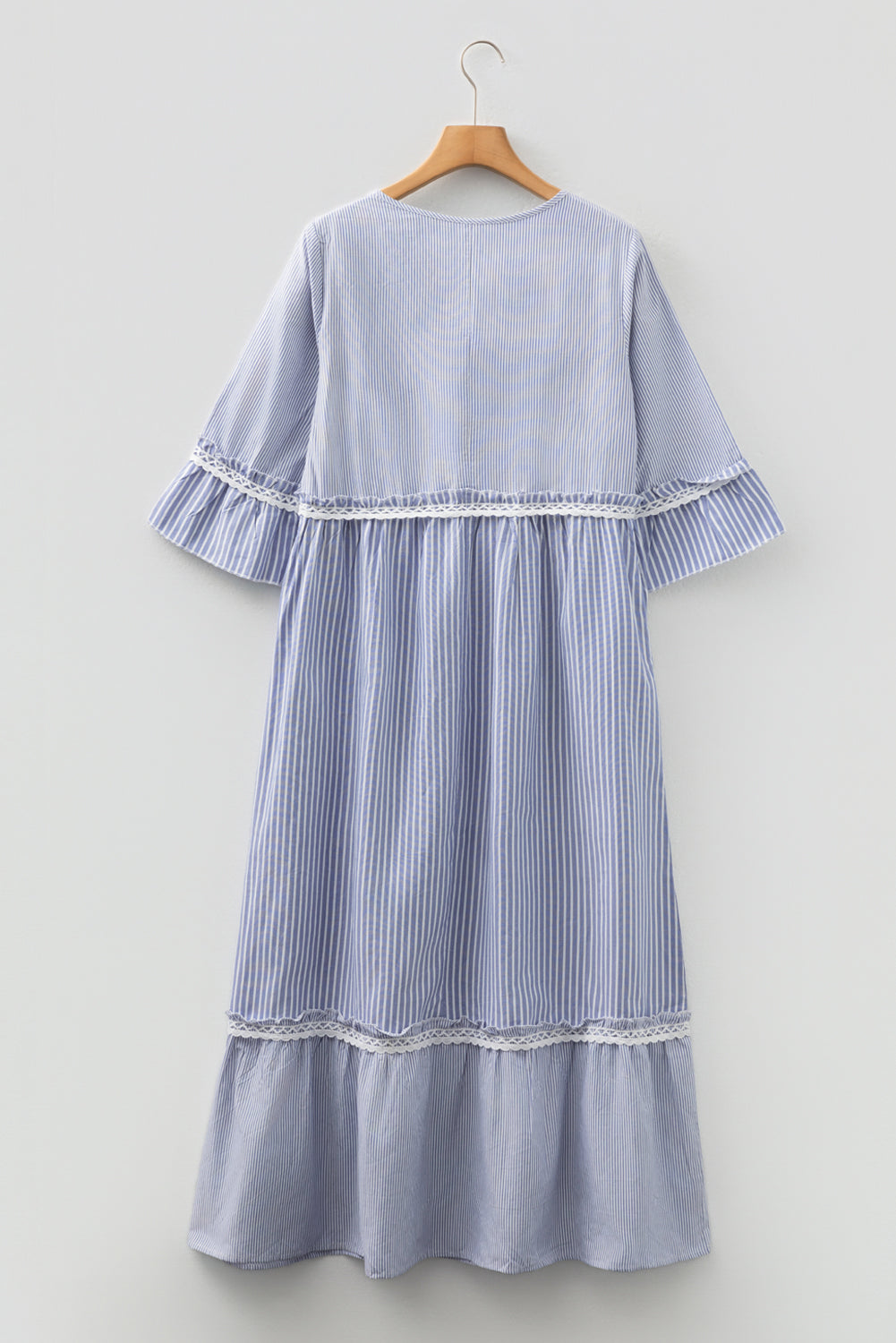 Sky Blue Stripe Patchwork Crossed Lace Detail Bracelet Sleeve Maxi Dress-TOPS / DRESSES-[Adult]-[Female]-2022 Online Blue Zone Planet