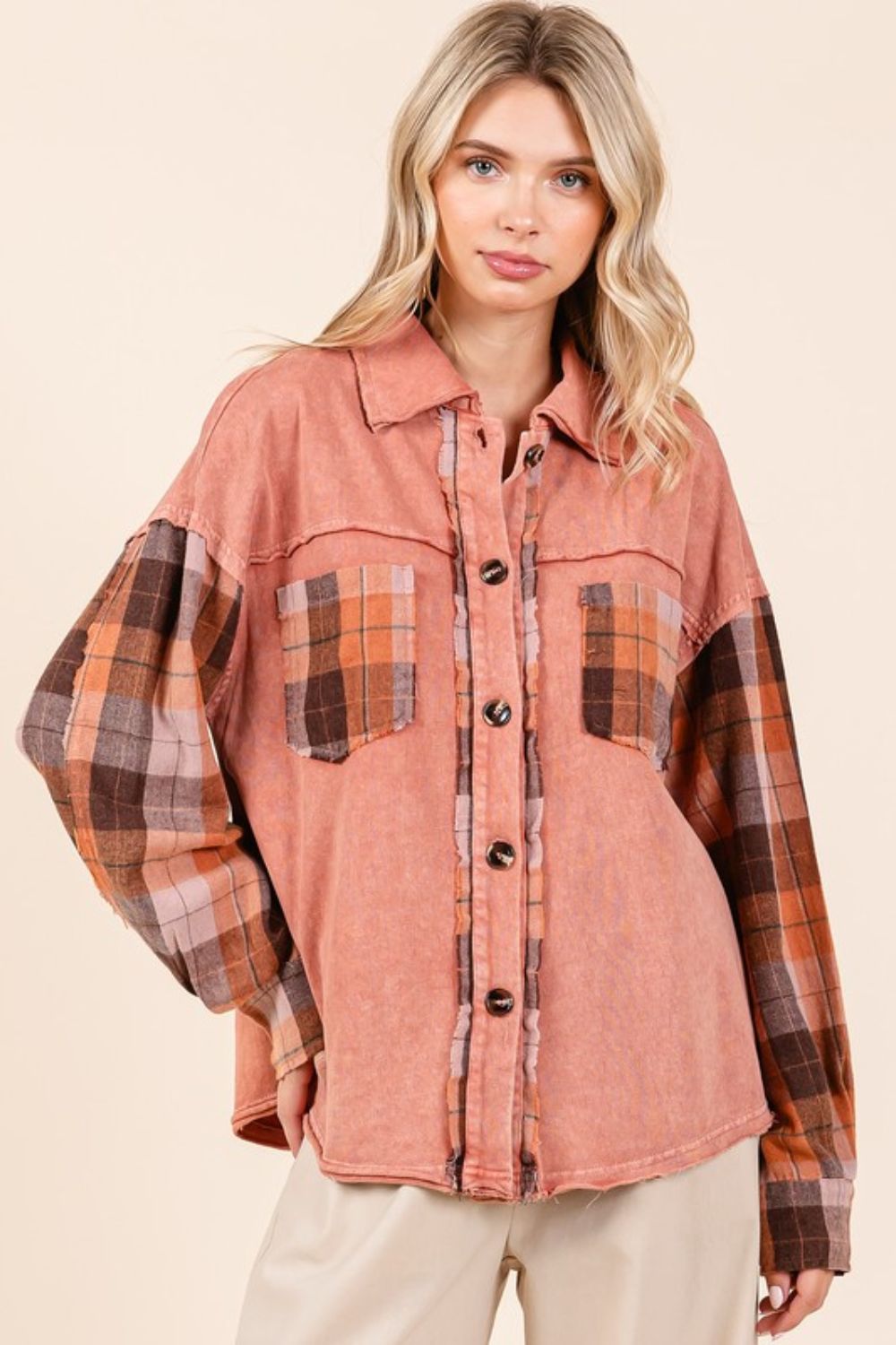 Mittoshop Button Down Contrast Plaid Patchwork Shacket-TOPS / DRESSES-[Adult]-[Female]-2022 Online Blue Zone Planet