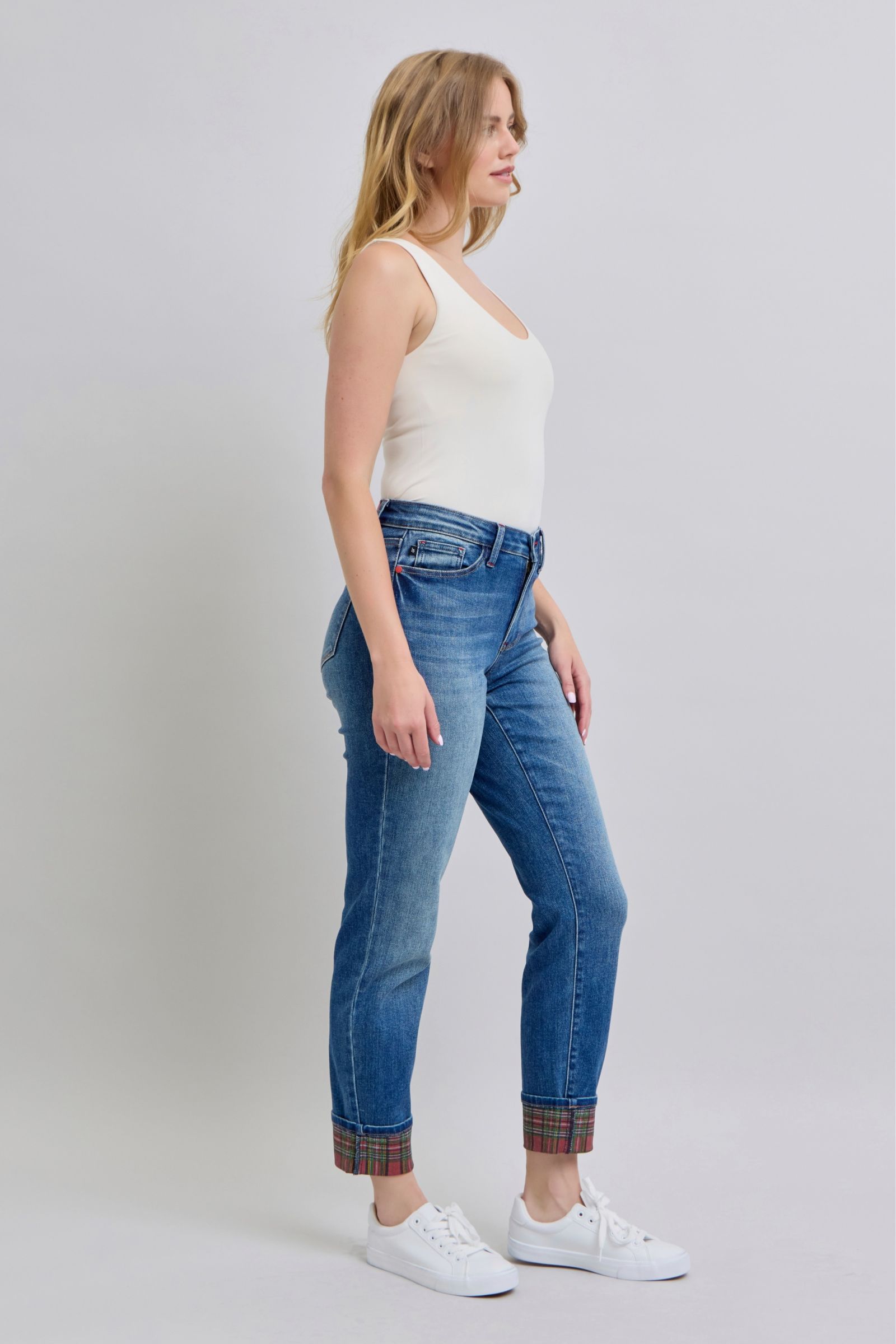 Blue Zone Planet | Judy Blue Full Size Plaid Print Cuff Straight Leg Jeans with Pockets-BOTTOMS SIZES SMALL MEDIUM LARGE-[Adult]-[Female]-2022 Online Blue Zone Planet