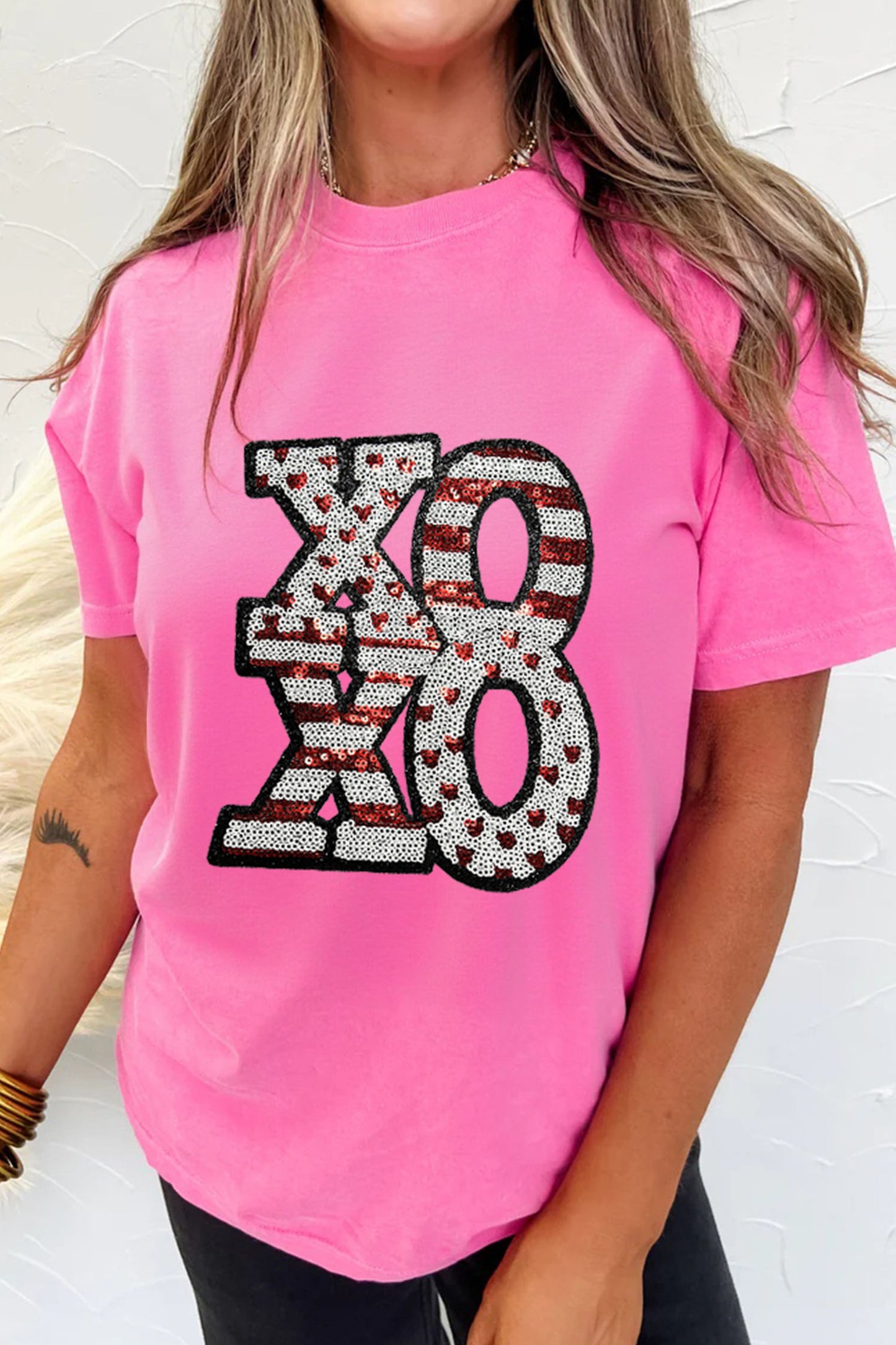 Sachet Pink Sequined Xoxo Graphic Valentine T Shirt-Graphic Tees-[Adult]-[Female]-2022 Online Blue Zone Planet