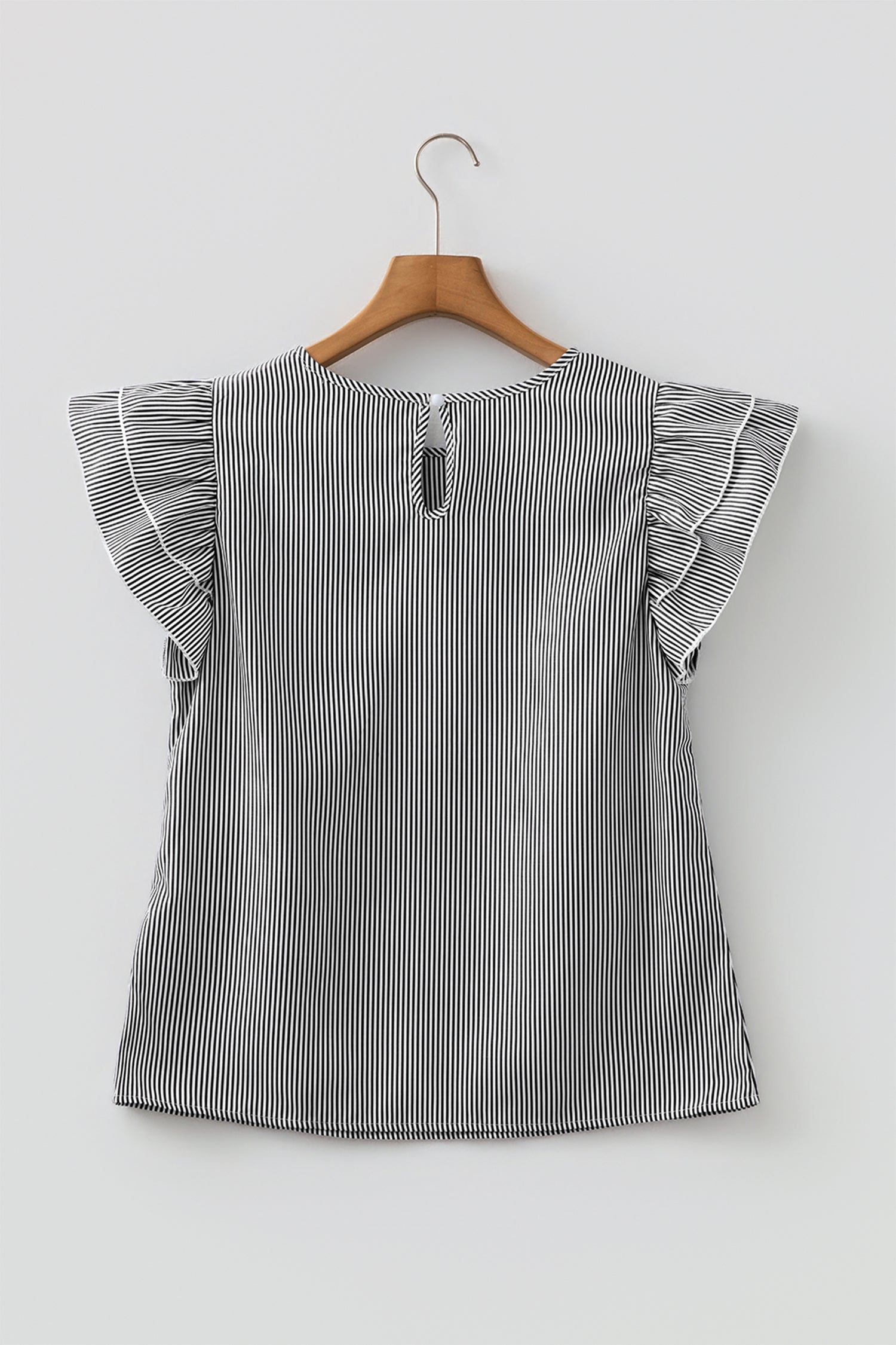 Black Stripe Striped Ruffle Sleeve Short Sleeve Round Neck Casual Shift Blouse-Tops/Blouses & Shirts-[Adult]-[Female]-2022 Online Blue Zone Planet