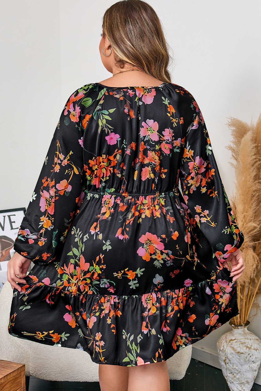 Black Plus Size Floral Print Tie Neck Cinched Waist Long Sleeve Mini Dress-Plus Size/Plus Size Dresses/Plus Size Mini Dresses-[Adult]-[Female]-2022 Online Blue Zone Planet