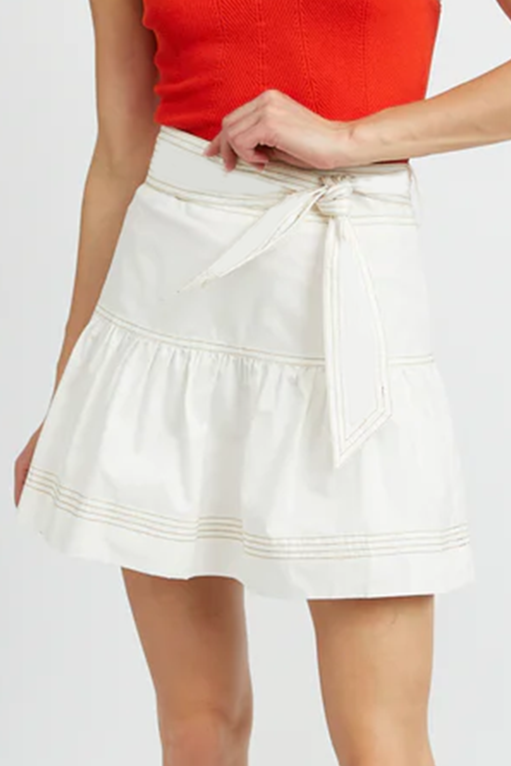 White Contrast Stitching Trim Knotted High Waist A-Line Mini Skirt-Bottoms/Skirts & Petticoat-[Adult]-[Female]-2022 Online Blue Zone Planet