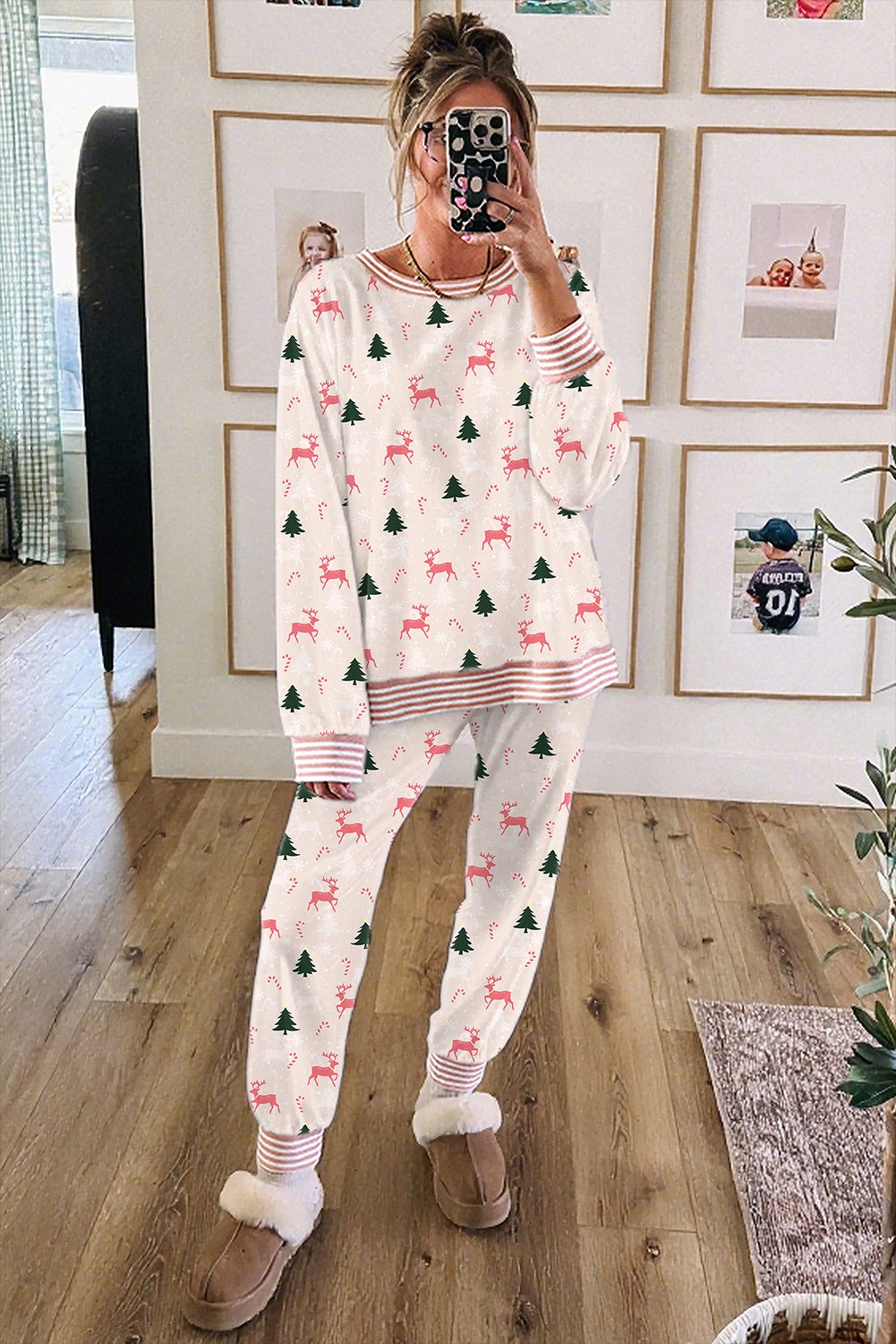 Pink Bow Christmas Tree Print Contrast Striped Banding 2pcs Lounge Set-Loungewear & Sleepwear/Loungewear-[Adult]-[Female]-2022 Online Blue Zone Planet