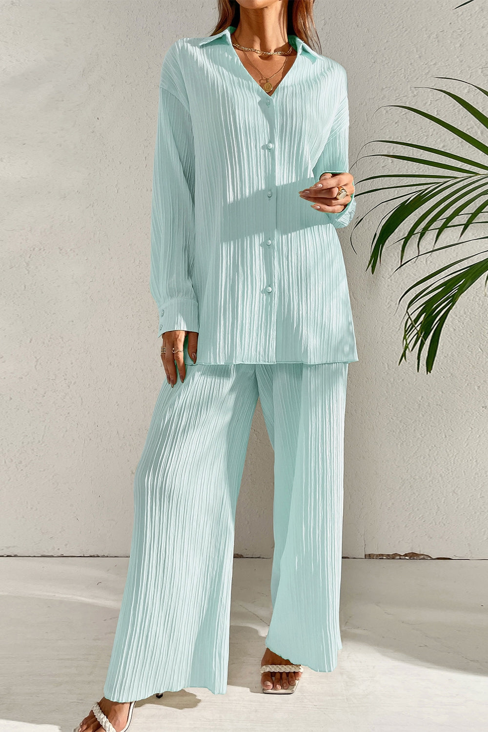 Johnny Collar Button Down Top and Pants Set-TOPS / DRESSES-[Adult]-[Female]-Pastel Blue-S-2022 Online Blue Zone Planet