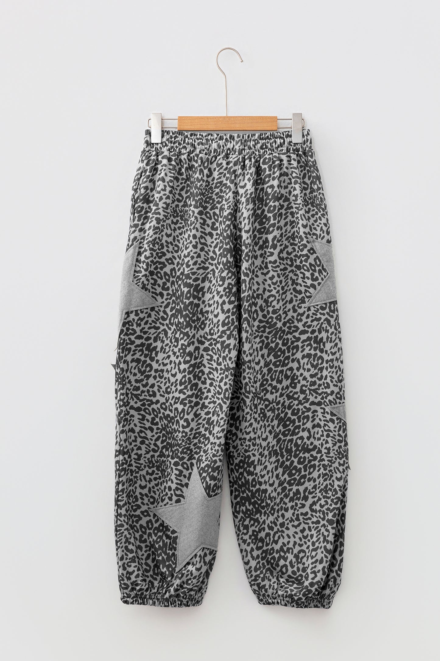 Gray Leopard Print Star Patched Drawstring Elastic Waist Jogger Pants-Bottoms/Pants & Culotte-[Adult]-[Female]-2022 Online Blue Zone Planet