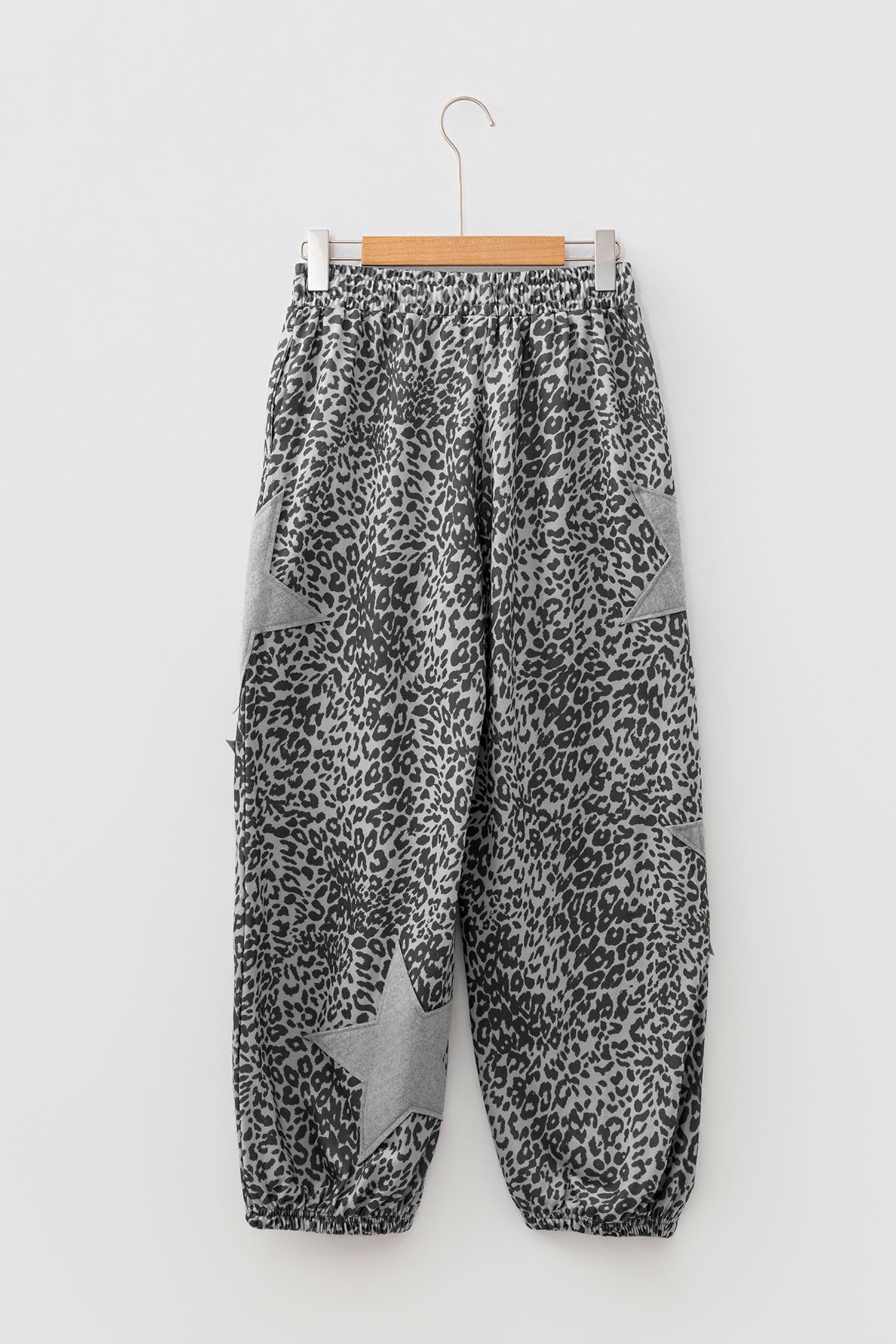Gray Leopard Print Star Patched Drawstring Elastic Waist Jogger Pants-Bottoms/Pants & Culotte-[Adult]-[Female]-2022 Online Blue Zone Planet