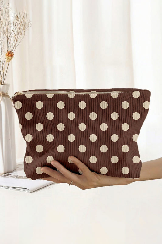 Coffee Polka Dot Printed Corduroy Storage Makeup Bag-Shoes & Bags/Makeup Bags-[Adult]-[Female]-Coffee-ONE SIZE-2022 Online Blue Zone Planet