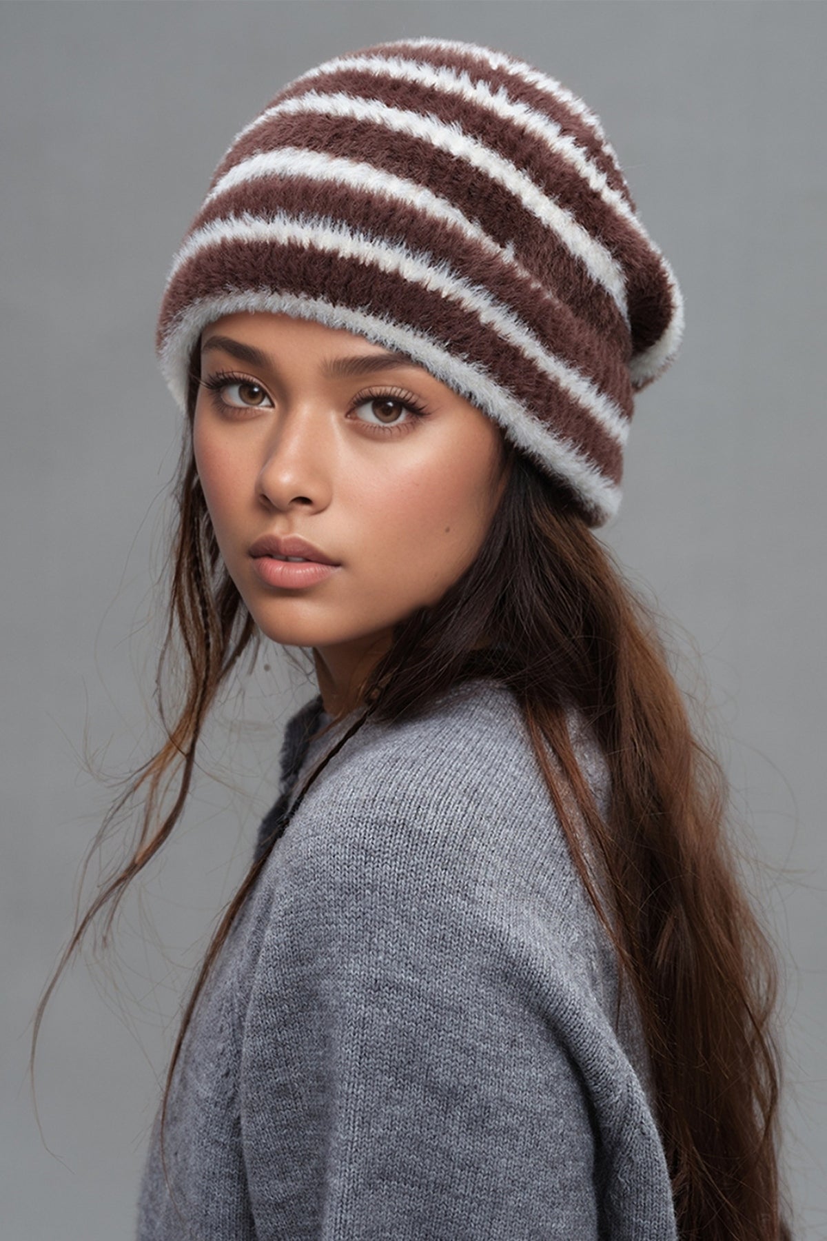 Blue Zone Planet | Fuzzy Contrast Striped Thermal Hat-HATS-[Adult]-[Female]-Brown/White-One Size-2022 Online Blue Zone Planet