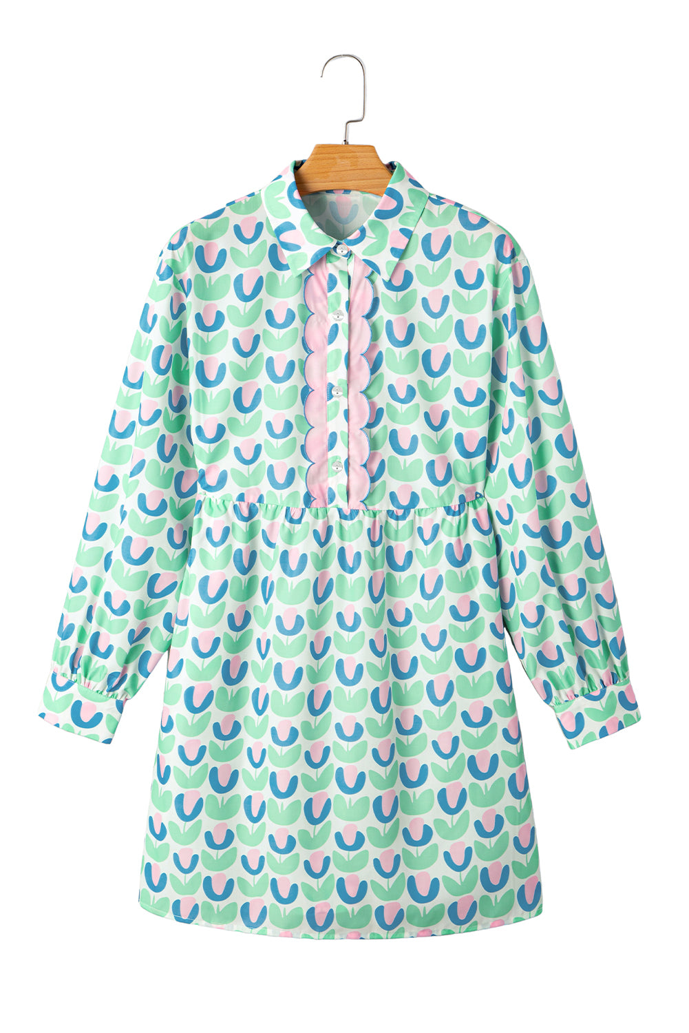 Green Floral Print Notched Neck Scalloped Detail Long Sleeve Mini Dress-TOPS / DRESSES-[Adult]-[Female]-2022 Online Blue Zone Planet