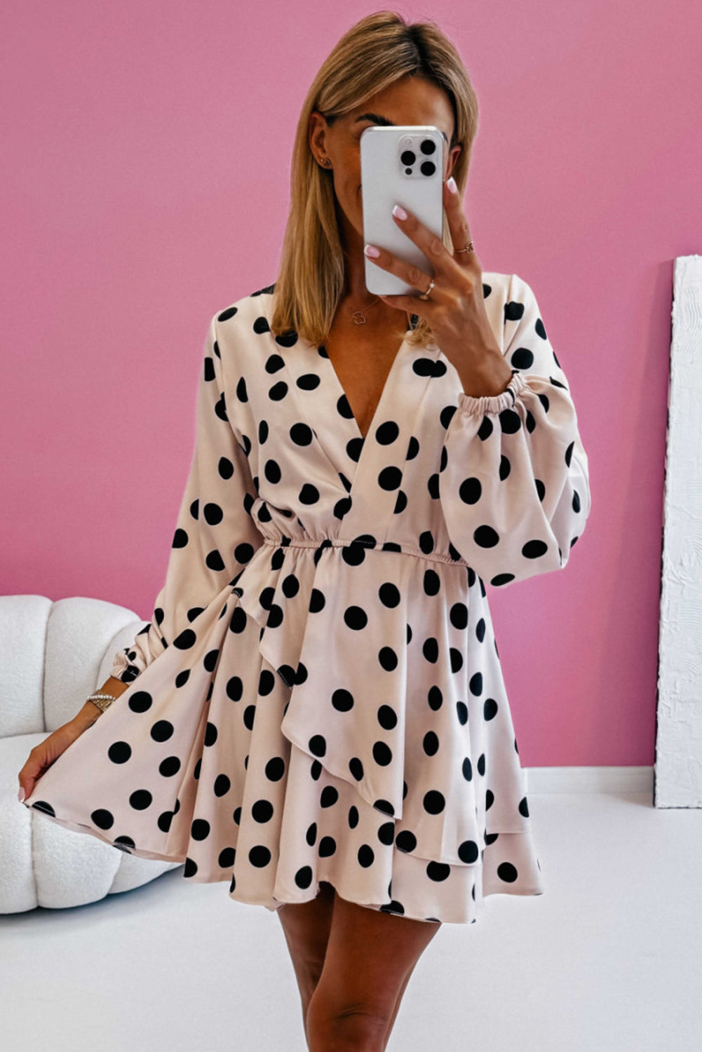 Blue Zone Planet | Beige Polka Dot Print Surplice V Neck Puff Sleeve Mini Dress-TOPS / DRESSES-[Adult]-[Female]-2022 Online Blue Zone Planet