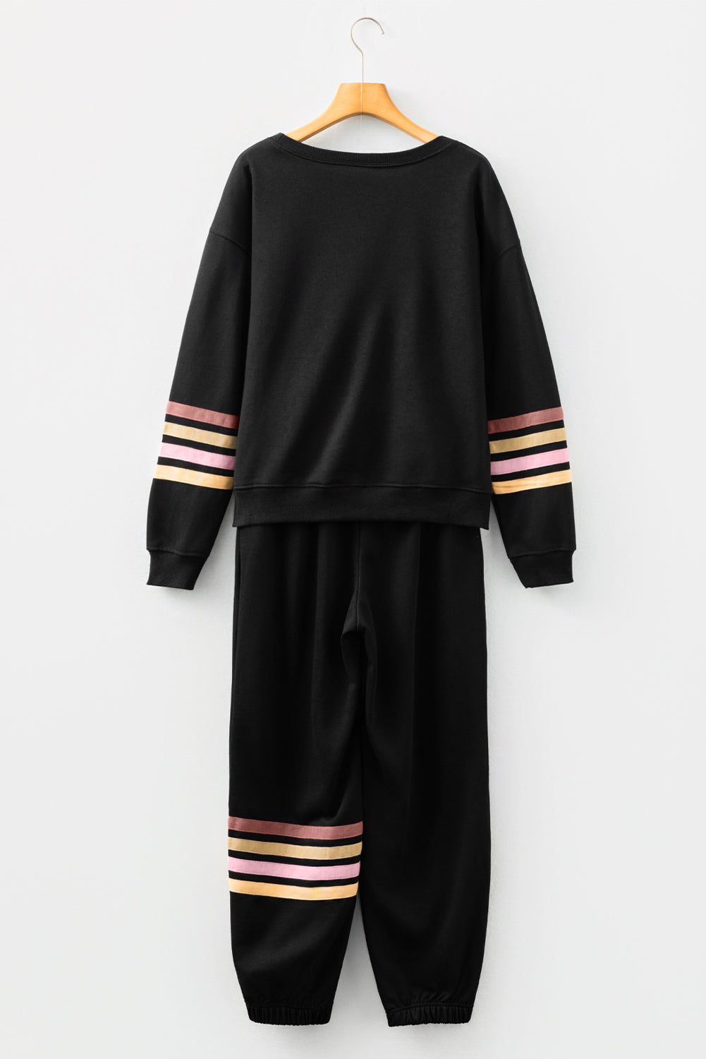 Black Striped Drop Shoulder Round Neck Pullover and Jogger Pants Active Outfit-Two Piece Sets/Pant Sets-[Adult]-[Female]-2022 Online Blue Zone Planet