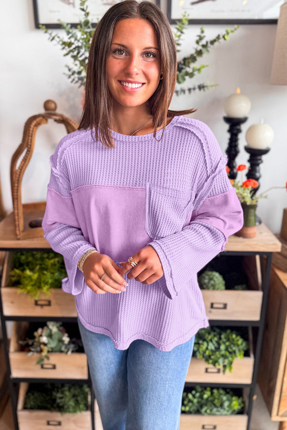 Phalaenopsis Thermal Knit Contrast Textured Patchwork Long Sleeve Top-Tops/Long Sleeve Tops-[Adult]-[Female]-2022 Online Blue Zone Planet