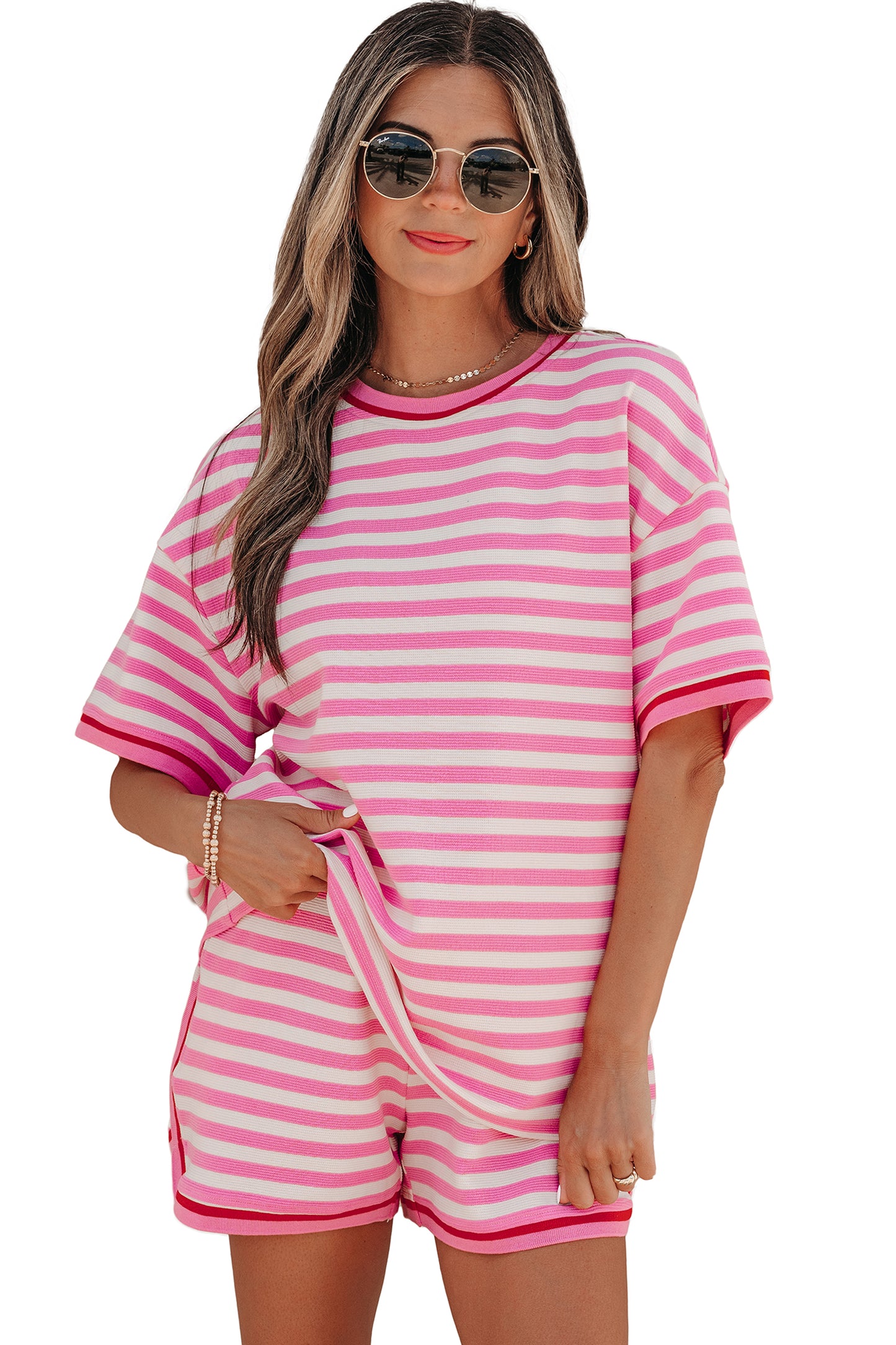 Pink Stripe Contrast Trim Short Sleeve Top Loose Shorts 2pcs Casual Outfit-Two Piece Sets/Short Sets-[Adult]-[Female]-2022 Online Blue Zone Planet