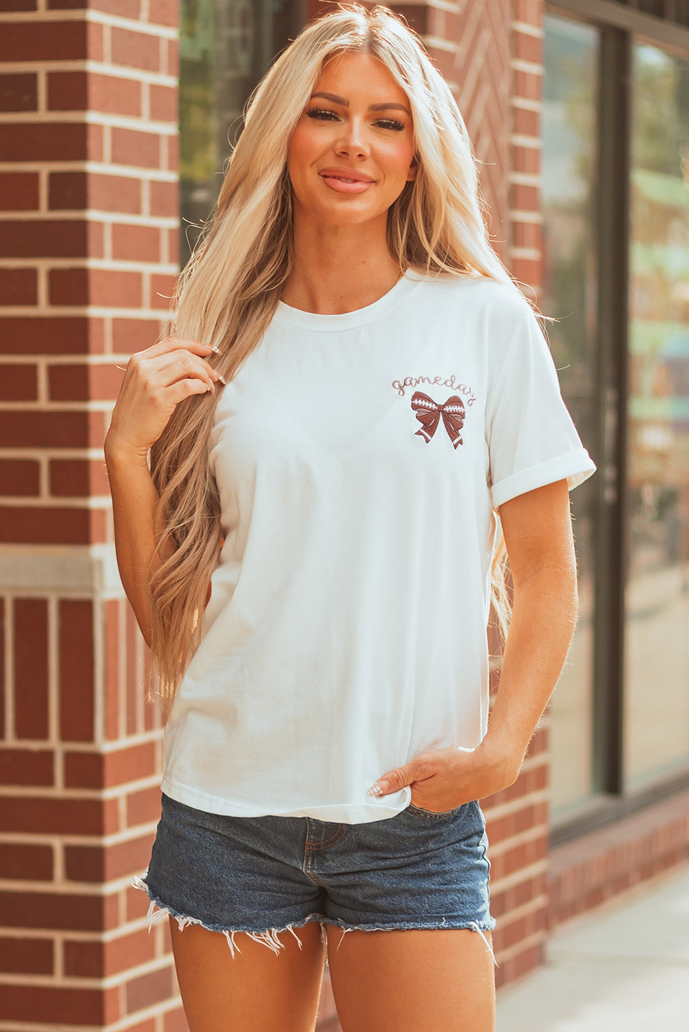 White Game Day Bowknot Embroidered Graphic Casual Tee-Graphic/Graphic Tees-[Adult]-[Female]-2022 Online Blue Zone Planet