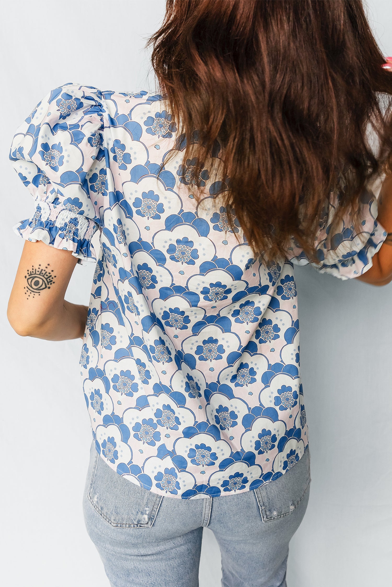 Sky Blue Floral Print Flounced Short Sleeve Contrast Trim V Neck Blouse-Tops/Blouses & Shirts-[Adult]-[Female]-2022 Online Blue Zone Planet